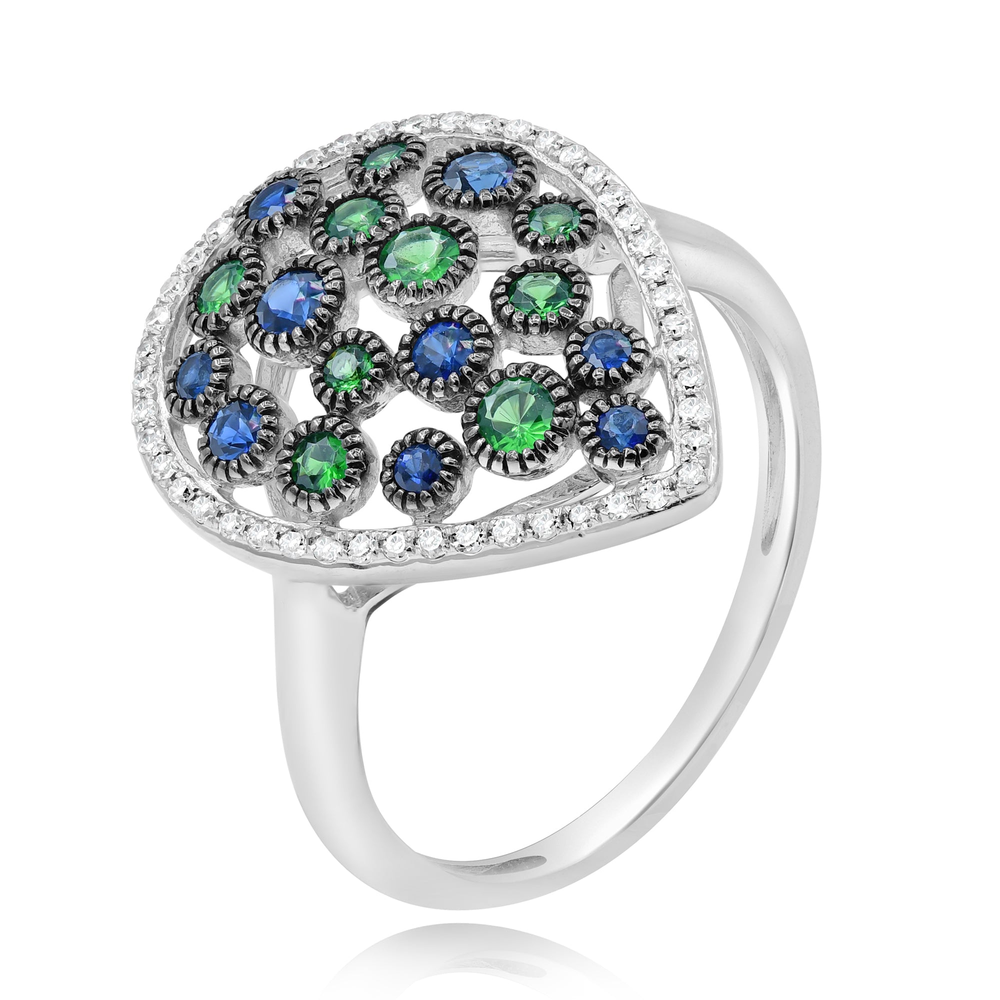 0.3 ct. Sapphire, 0.25 ct. Garnet & 0.15 ct. Diamond 14K White Gold Open Teardrop Cluster Ring