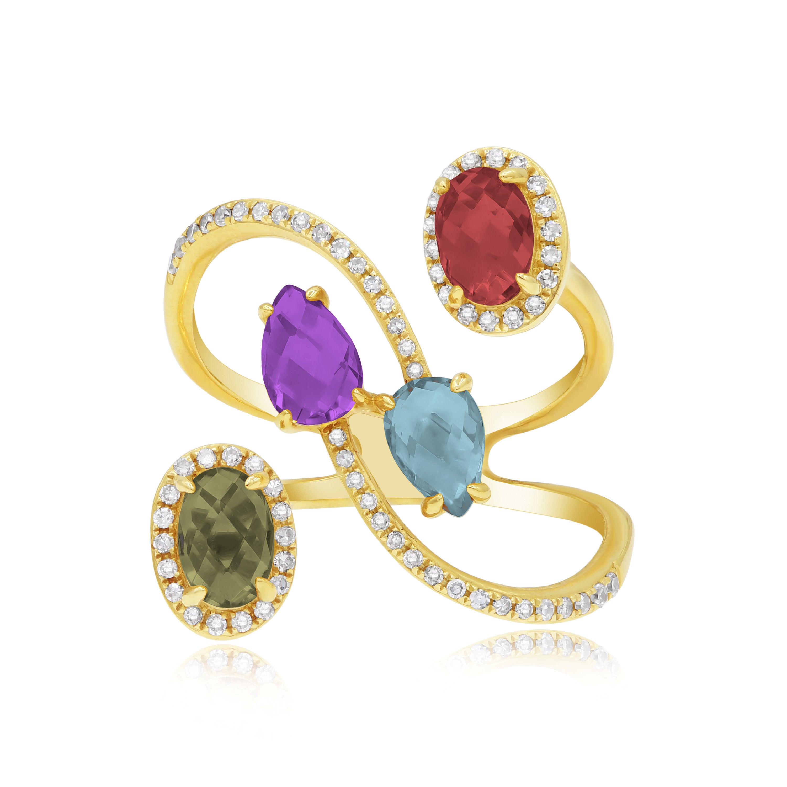 2.39 ct. Amethyst, Peridot, Topaz & 0.23 ct. Diamond 14K Yellow Gold Halo Aurore Ring