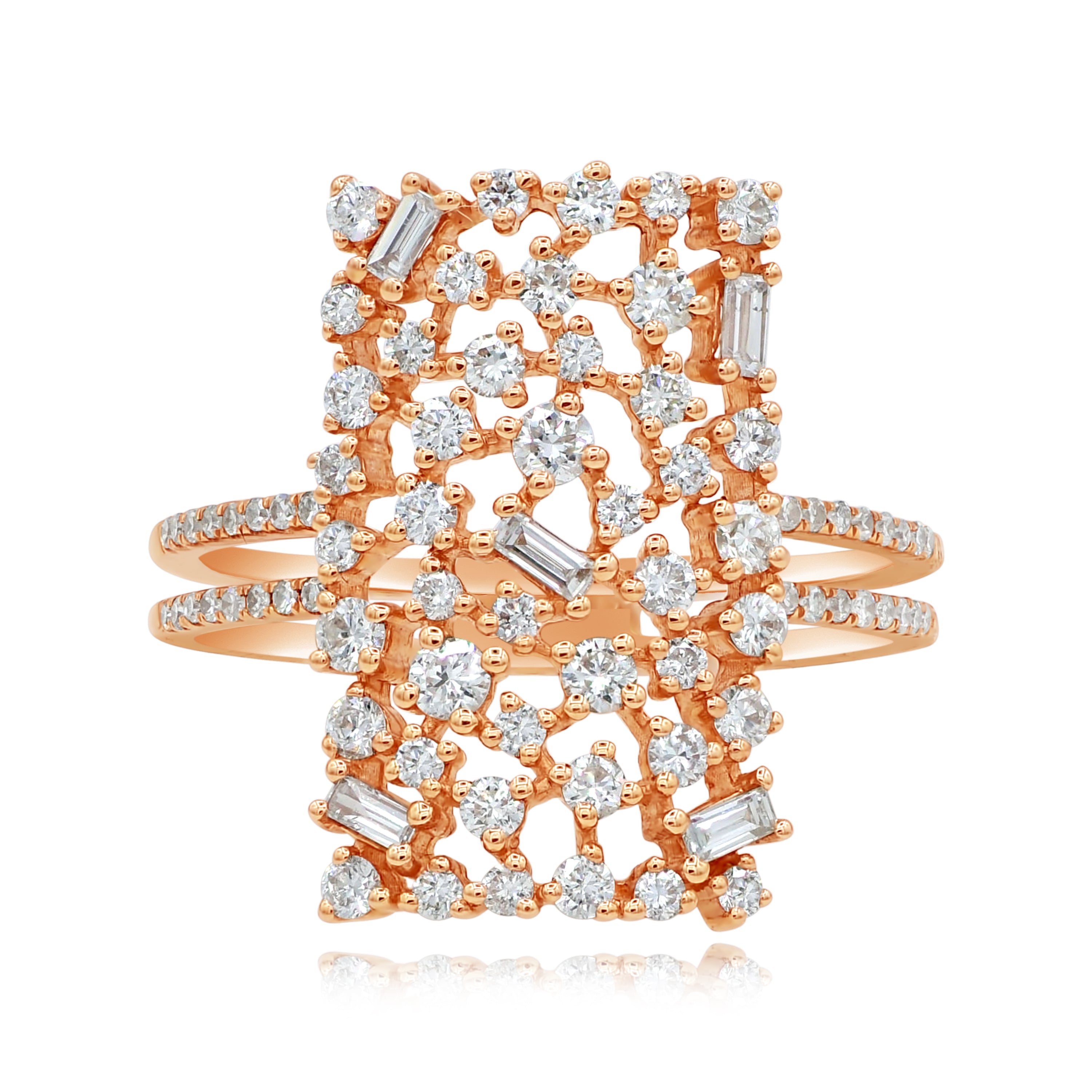 0.89 ct. Diamond 14K Rose Gold Rectangular Motif Cluster Double Band Ring