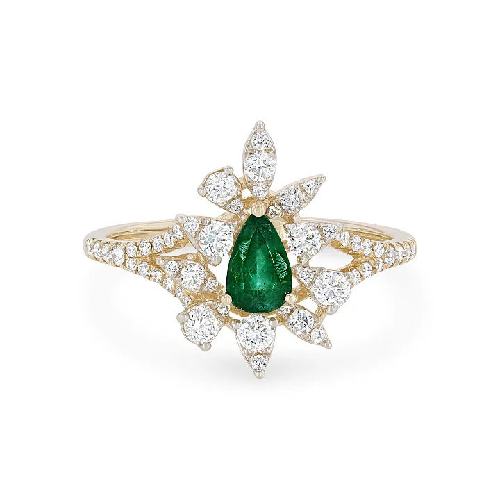 0.38 ct. Emerald & 0.41 ct. Diamond 14K Yellow Gold Abstract Halo Ring