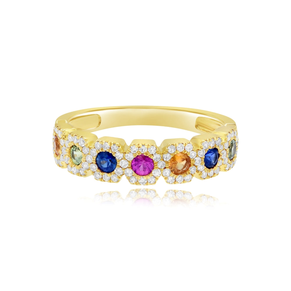 0.57 ct. Multi-Color Sapphire & 0.29 ct. Diamond 14K Yellow Gold Hexagon Rainbow Band