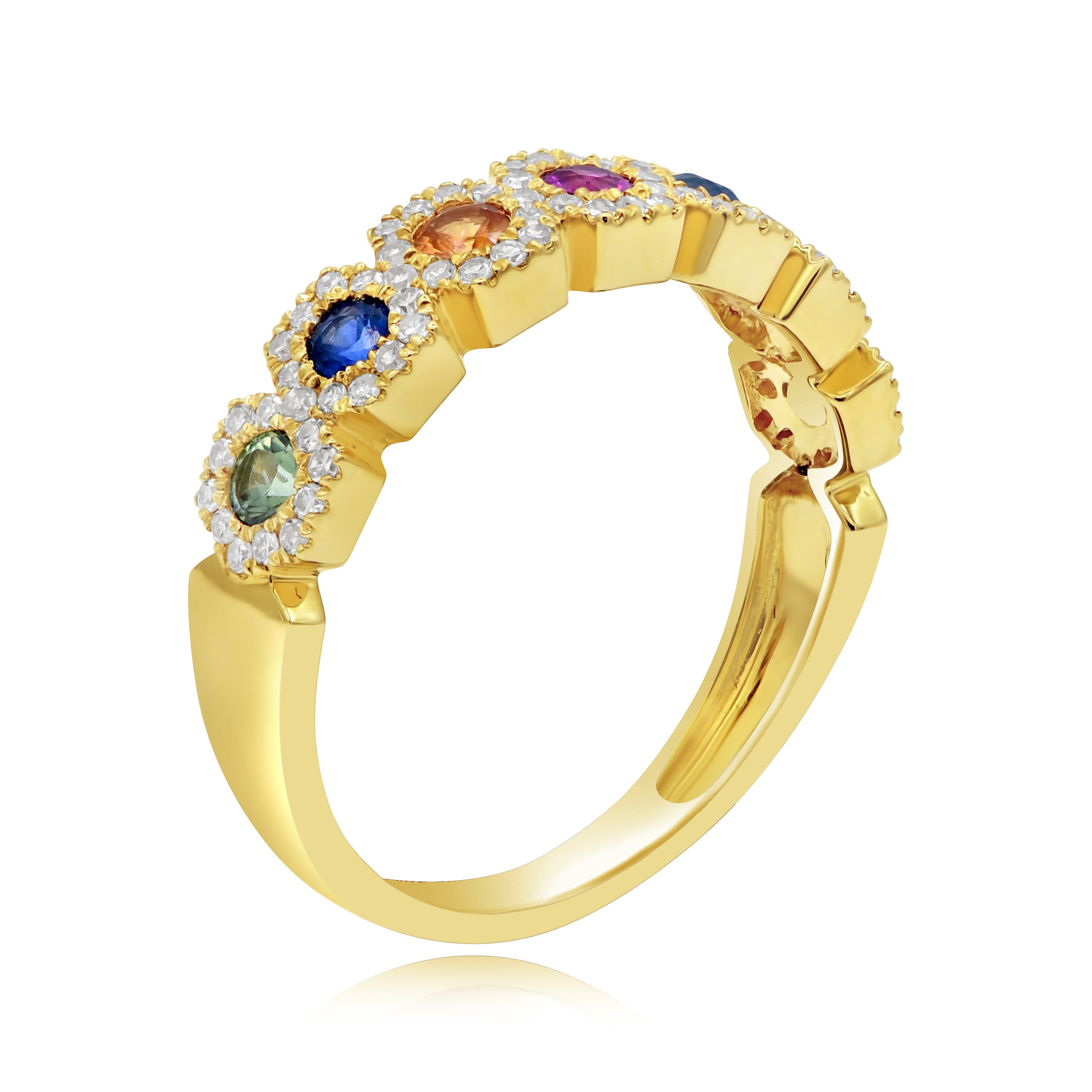 0.57 ct. Multi-Color Sapphire & 0.29 ct. Diamond 14K Yellow Gold Hexagon Rainbow Band