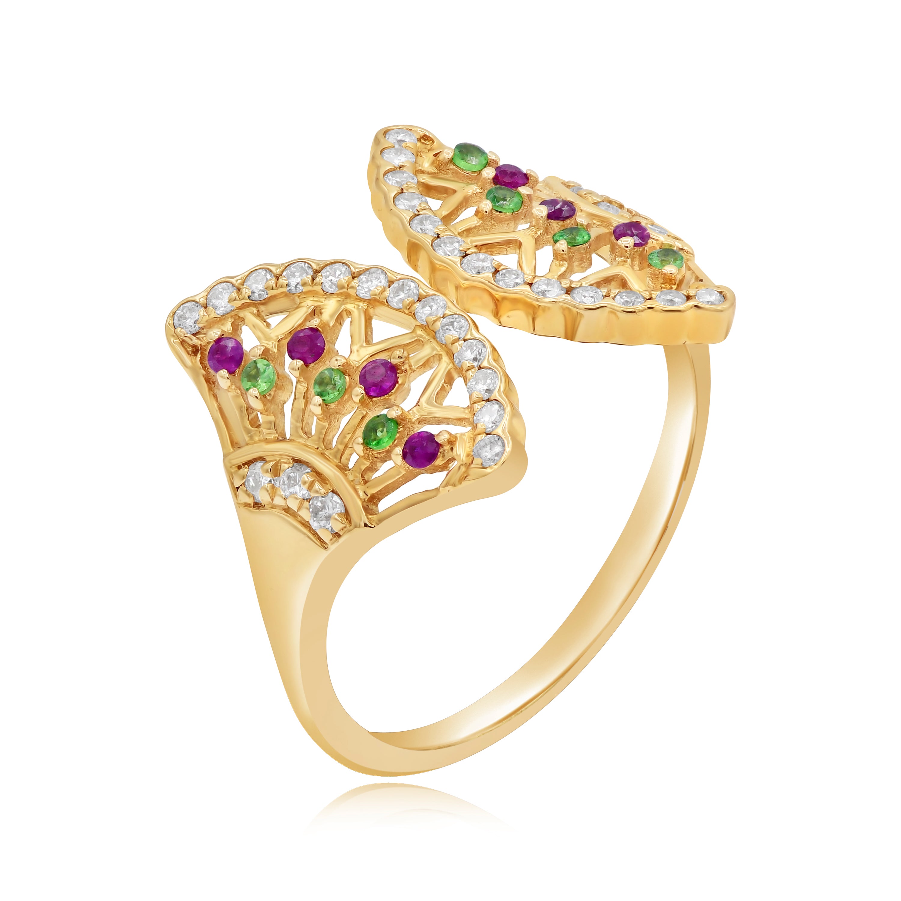 0.08 ct. Ruby, 0.08 ct. Tsavorite & 0.25 ct. Diamond 14K Rose Gold Fan Shape Open Cuff Ring