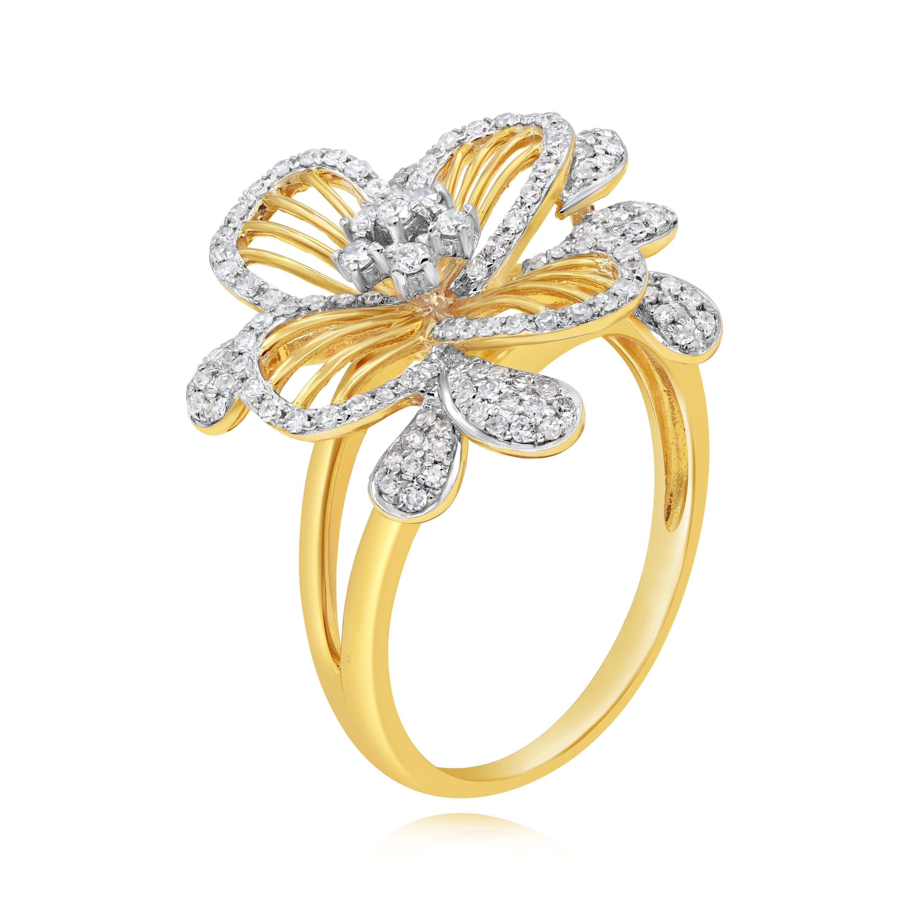 0.51 ct. Diamond 14K Two Tone Gold Clematis Flower Split Shank Ring