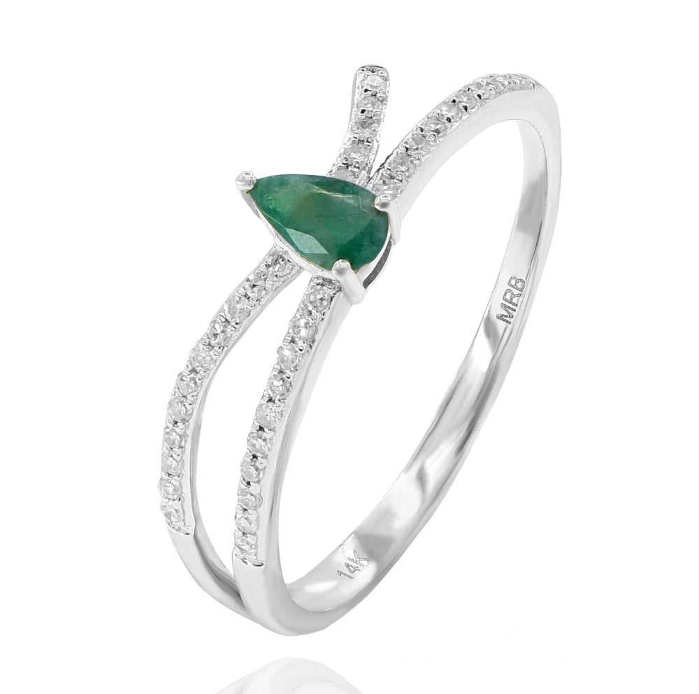 0.19 ct. Emerald & 0.11 ct. Diamond 14K White Gold Asymmetrcal Split Shank Ring