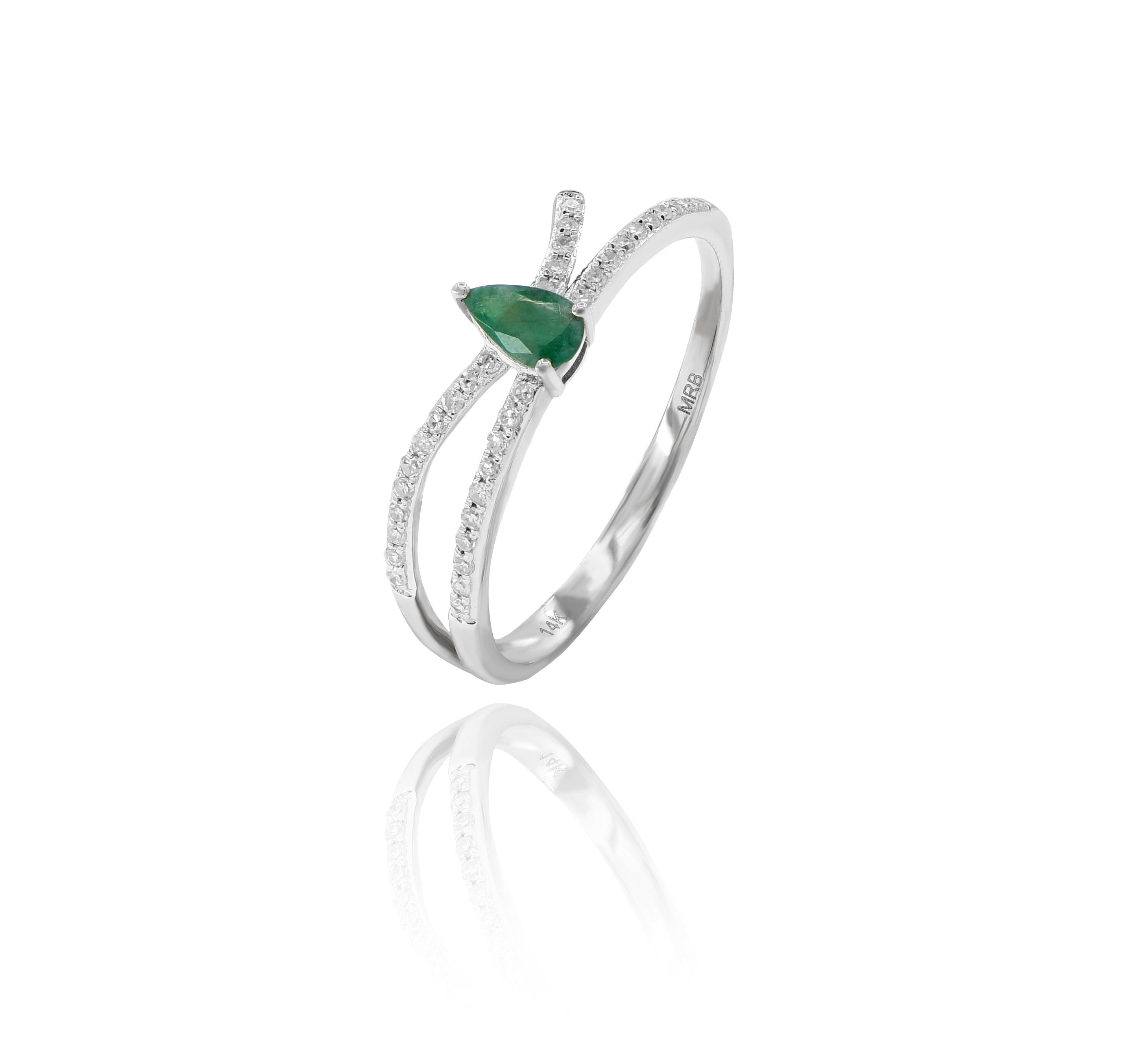 0.19 ct. Emerald & 0.11 ct. Diamond 14K White Gold Asymmetrcal Split Shank Ring