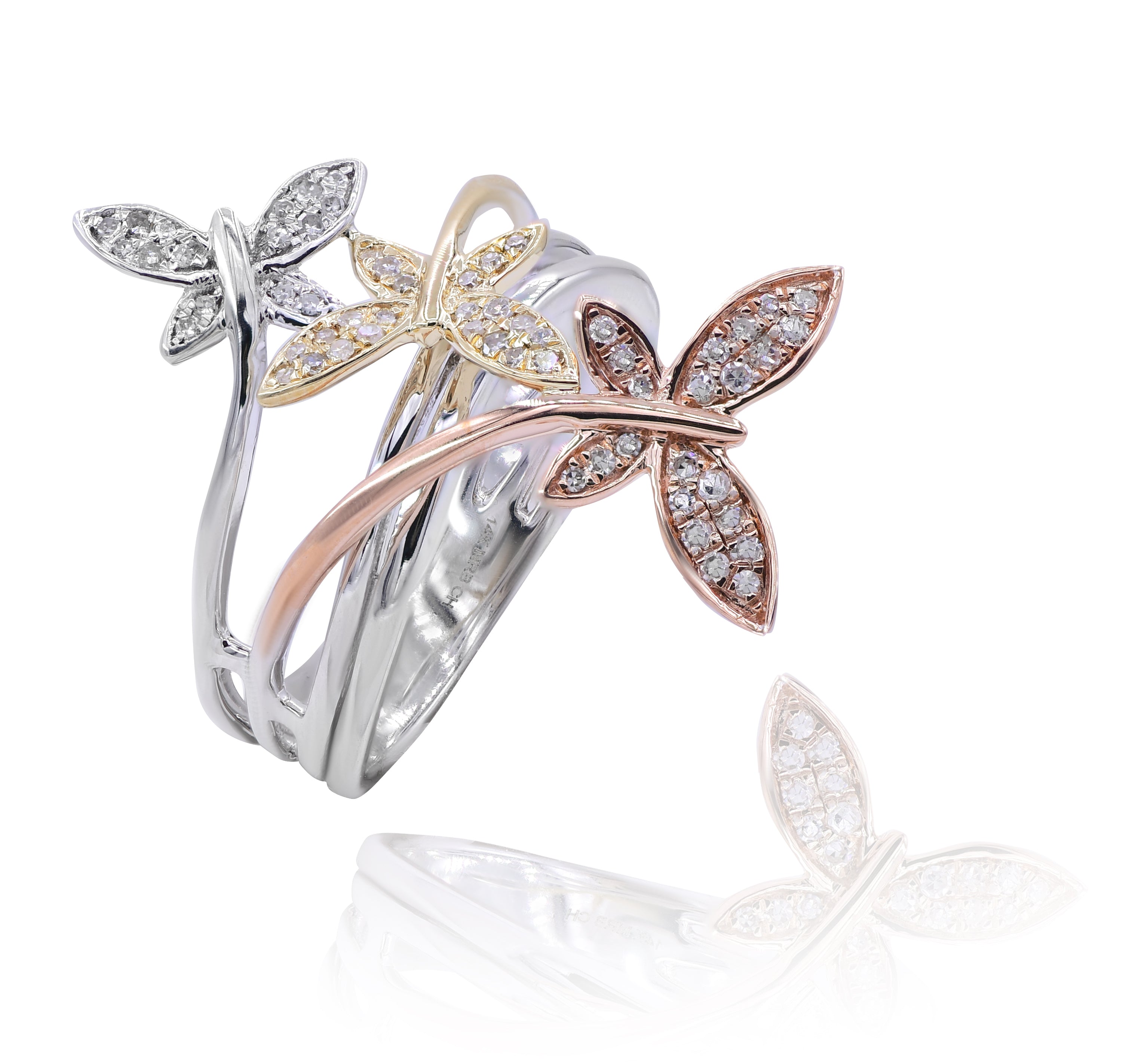 0.2 ct. Diamond 14K Three-Tone Gold Classic Triple Butterfly Love Ring