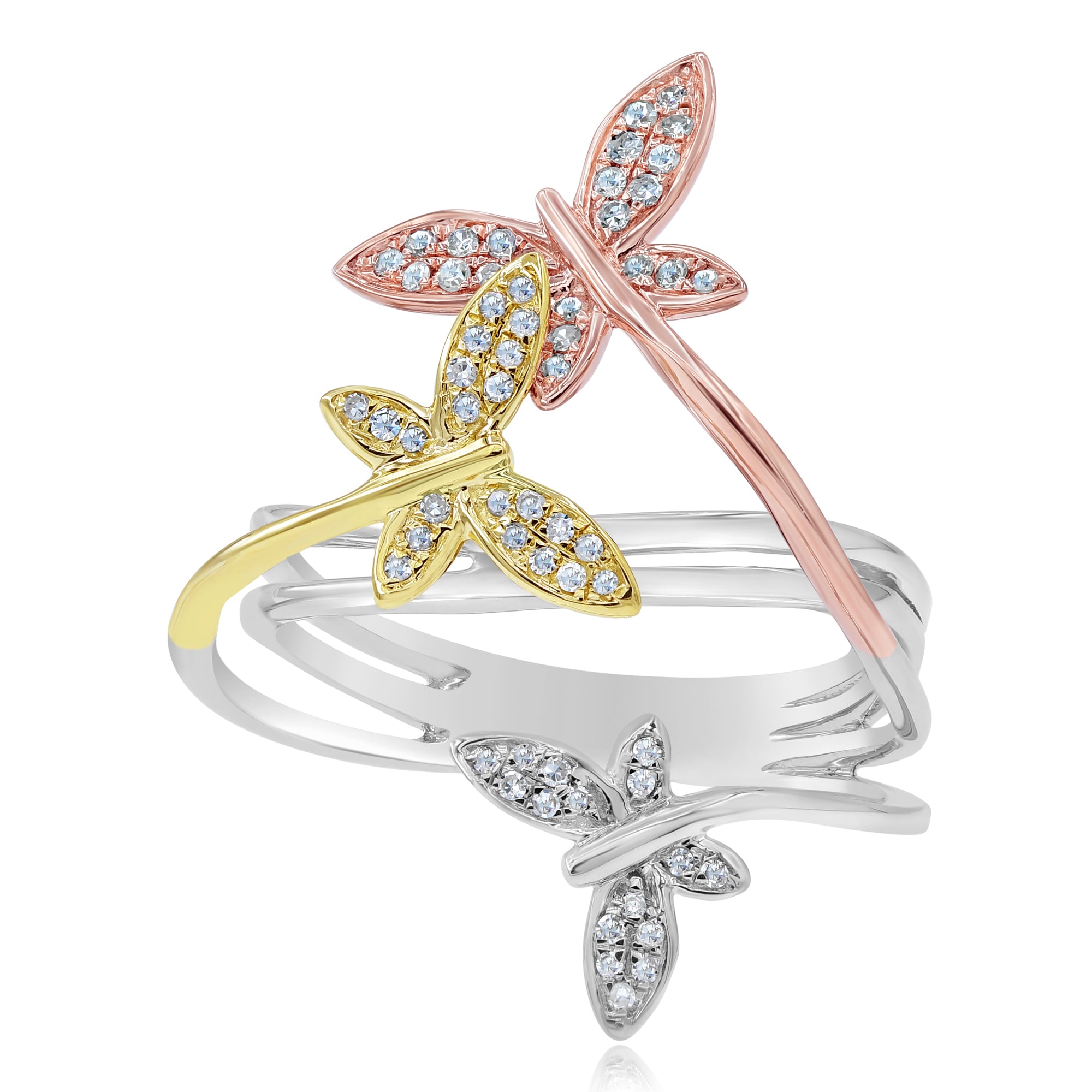 0.2 ct. Diamond 14K Three-Tone Gold Classic Triple Butterfly Love Ring