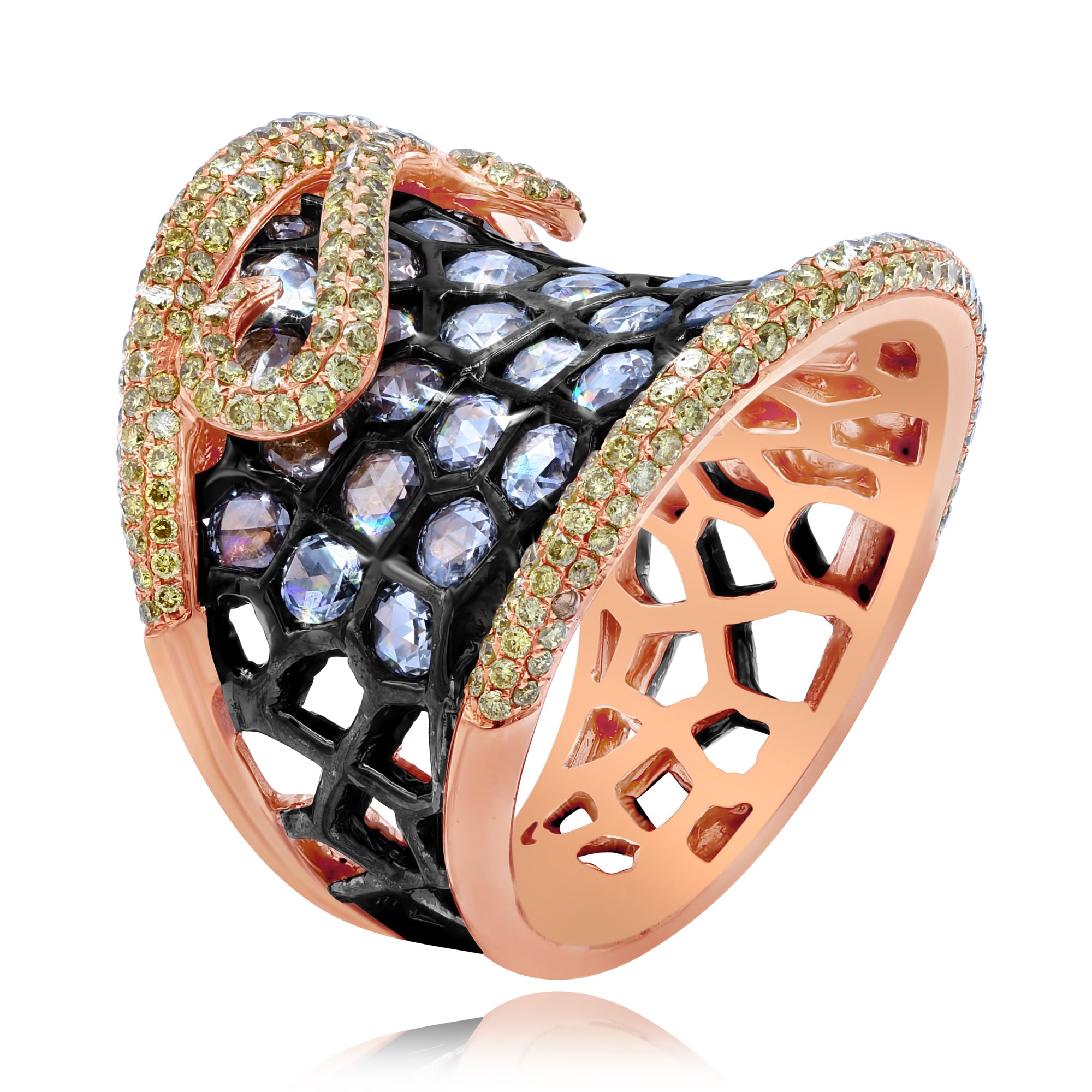 1.48 ct. Yellow Diamond & 2.56 ct. Rose Cut Diamond 18K Rose Gold Statement Ring