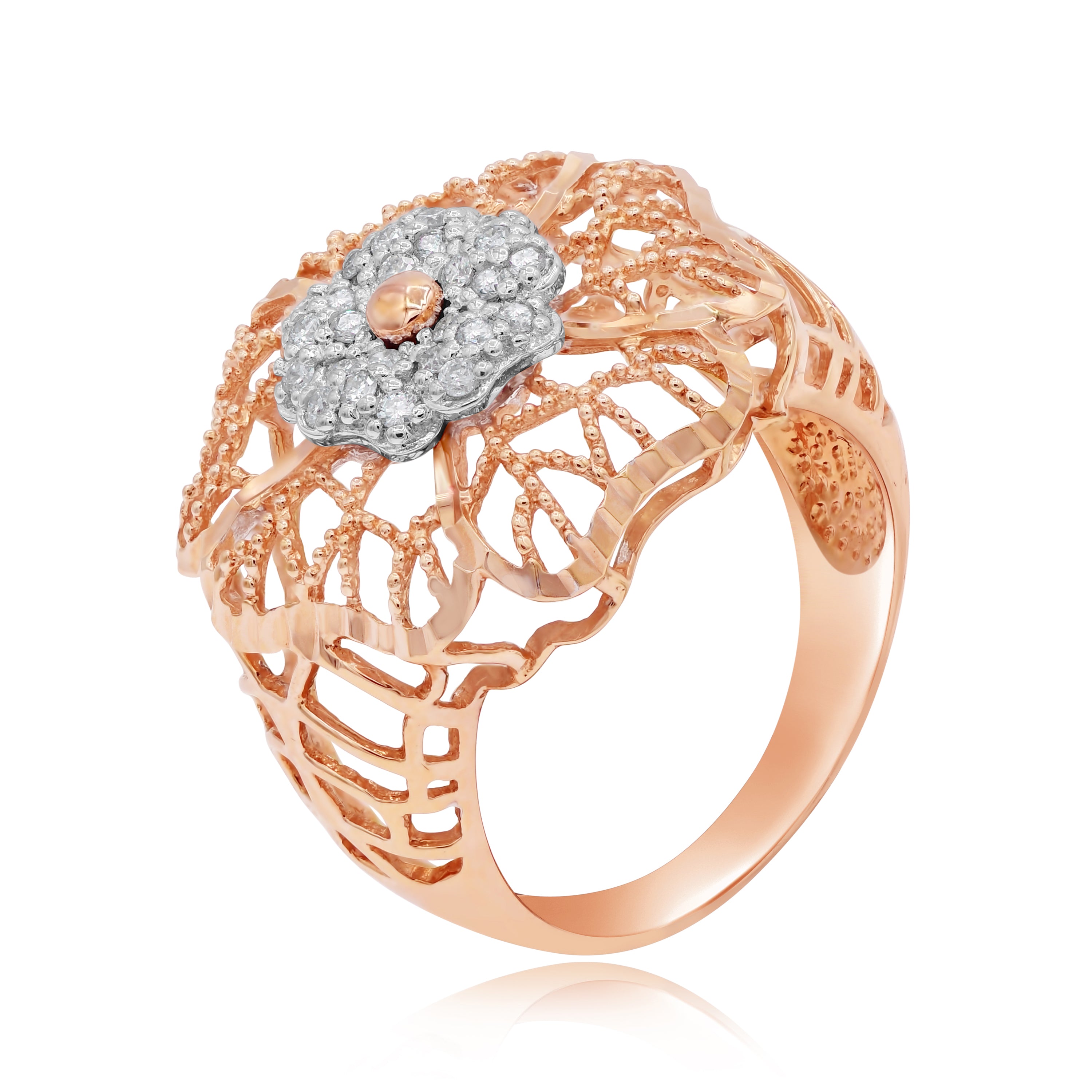 0.21 ct. Diamond 18K Rose Gold Flower Rose Floral Filgree Ring