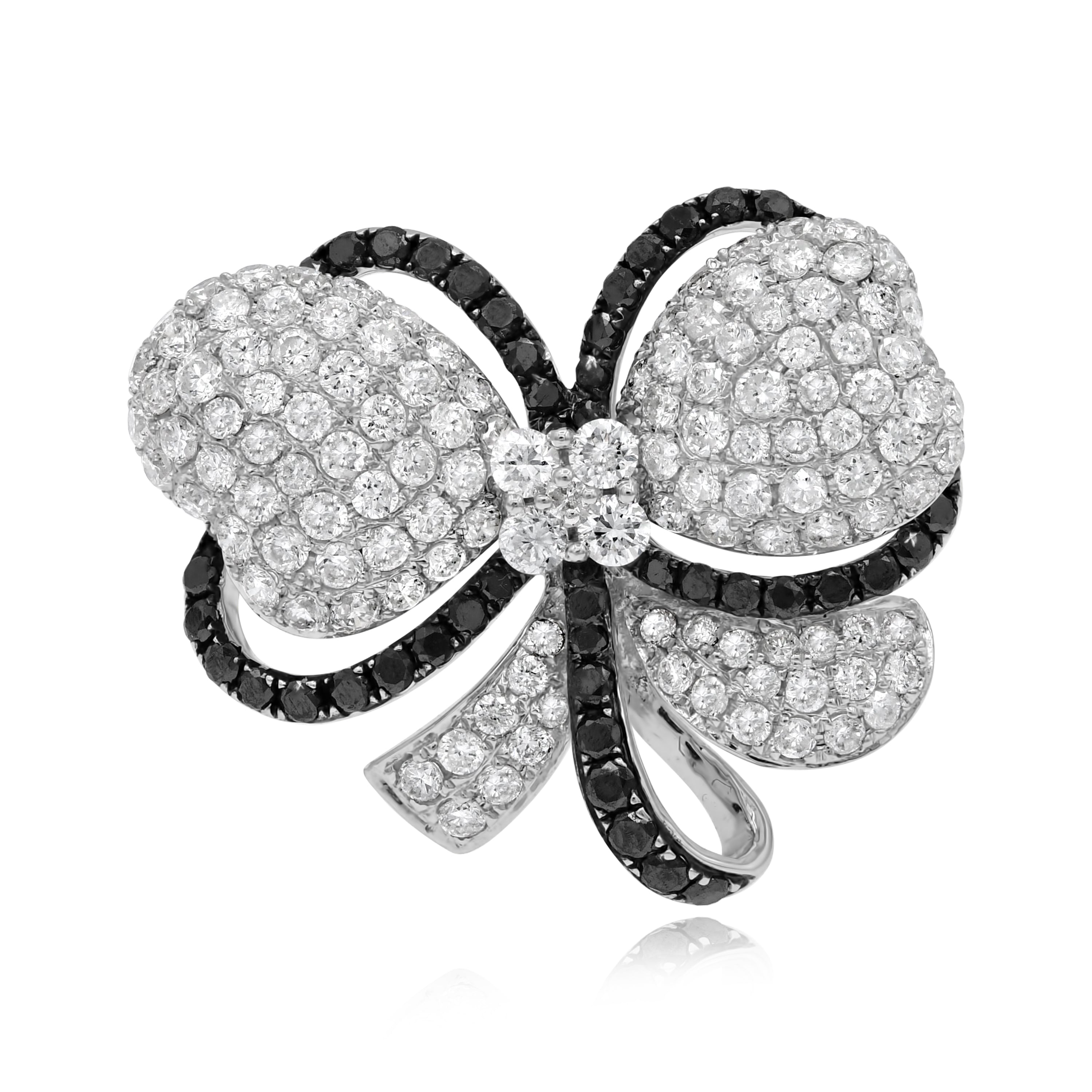 1.85 ct. Black & White Diamond 18K White Gold Butterfly Flower Bow Love Ring