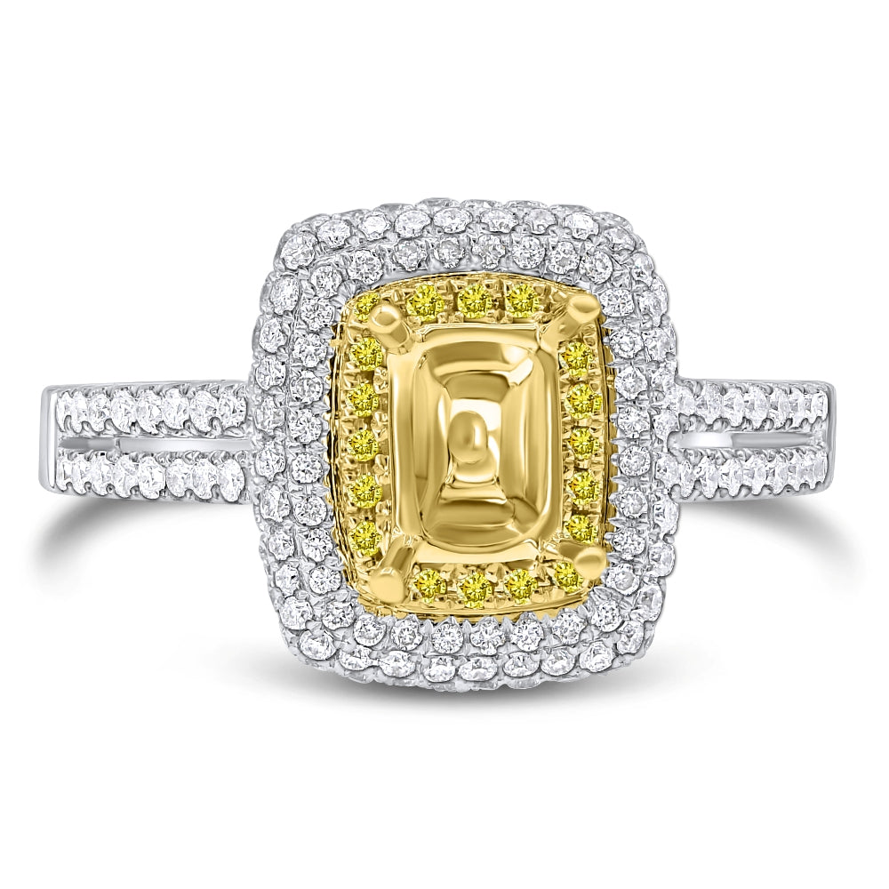 0.78 ct. Yellow & White Diamond 14K Two Tone Gold Double Halo Ring Mounting