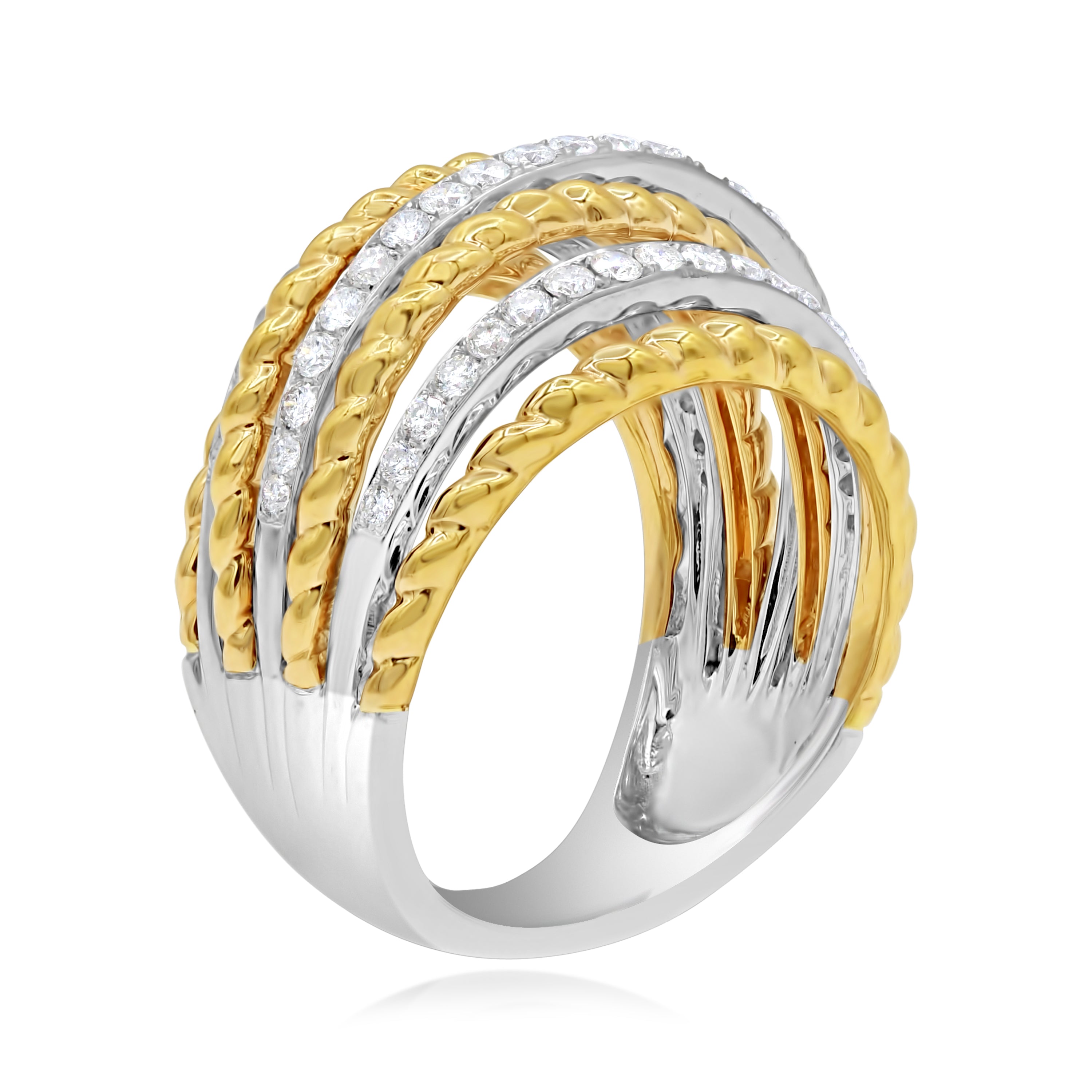 0.85 ct. Diamond 18K Two Tone Gold Rope-Textured Multi-Row Ring