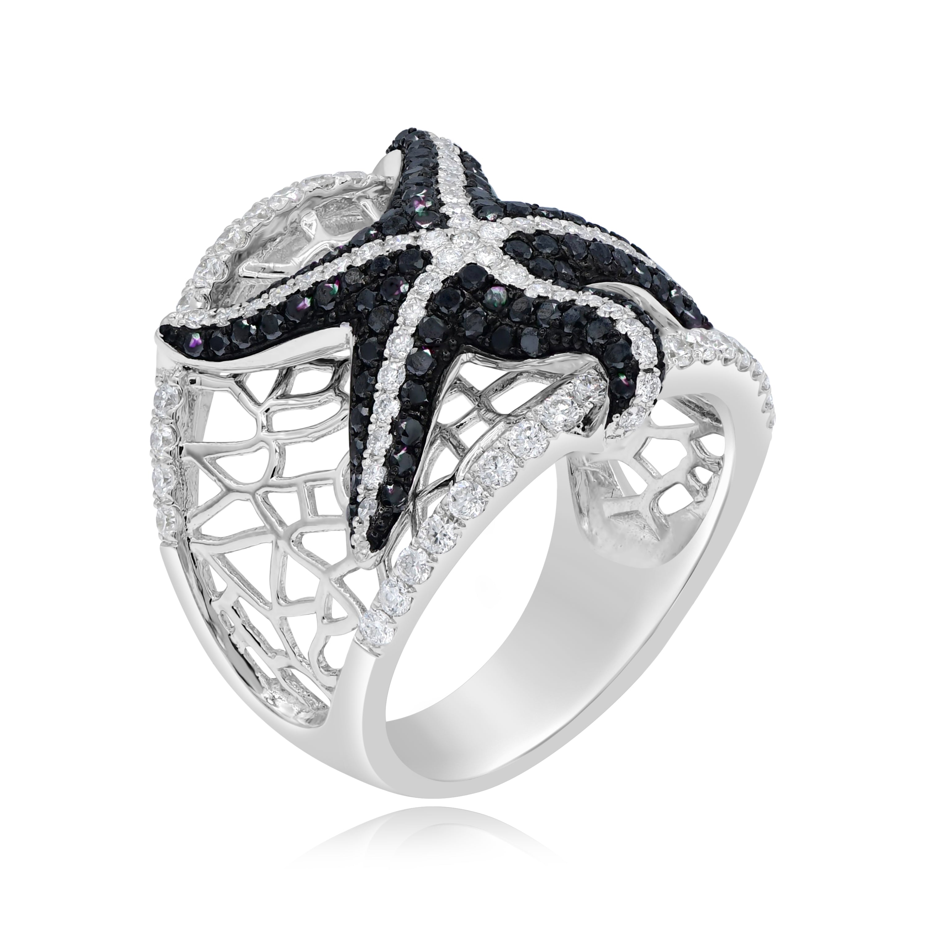 0.68 ct. Black Diamond & 0.88 ct. Diamond 14K White Gold Starfish Wide Mesh Ring