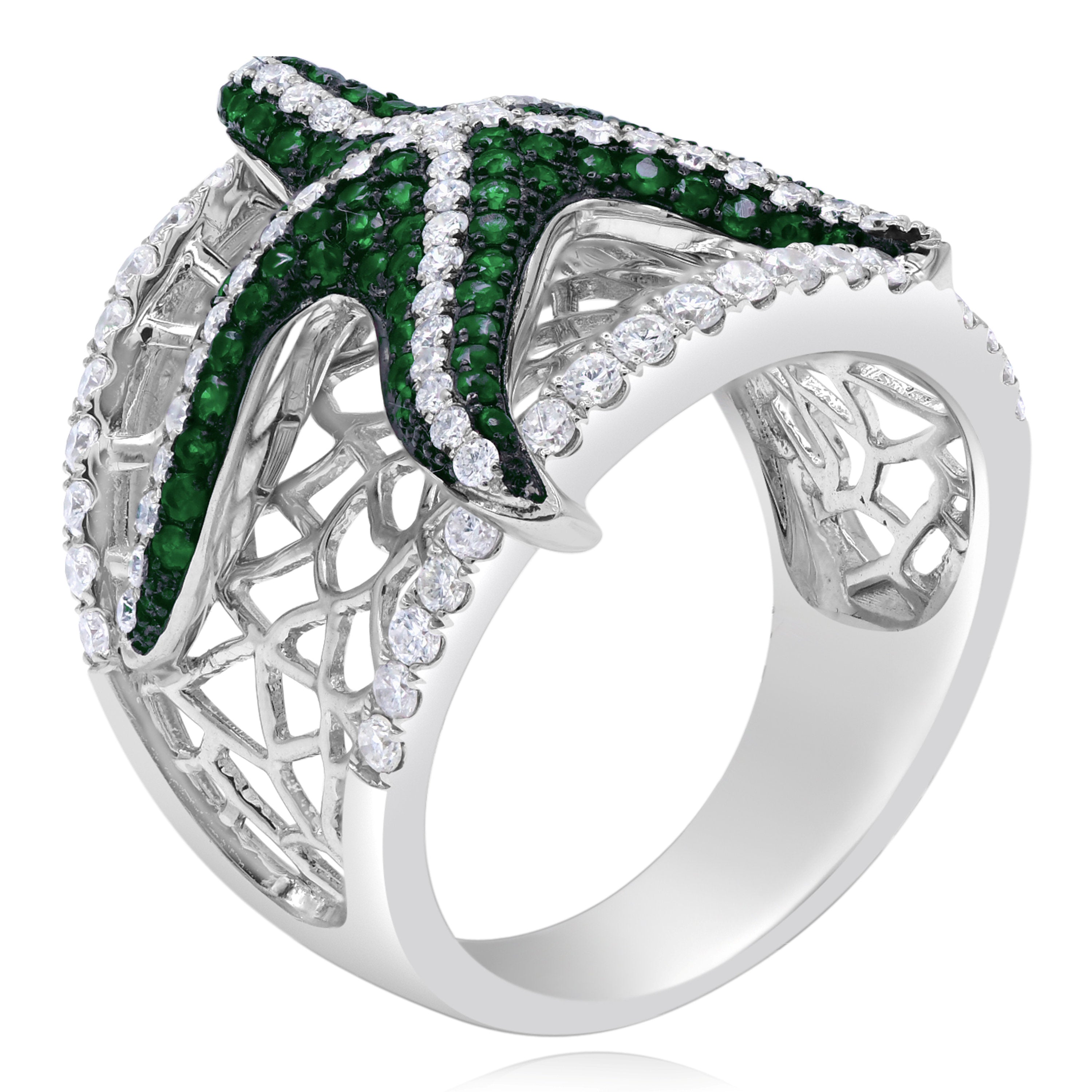 0.54 ct. Emerald & 0.87 ct. Diamond 14K White Gold Starfish Wide Mesh Ring