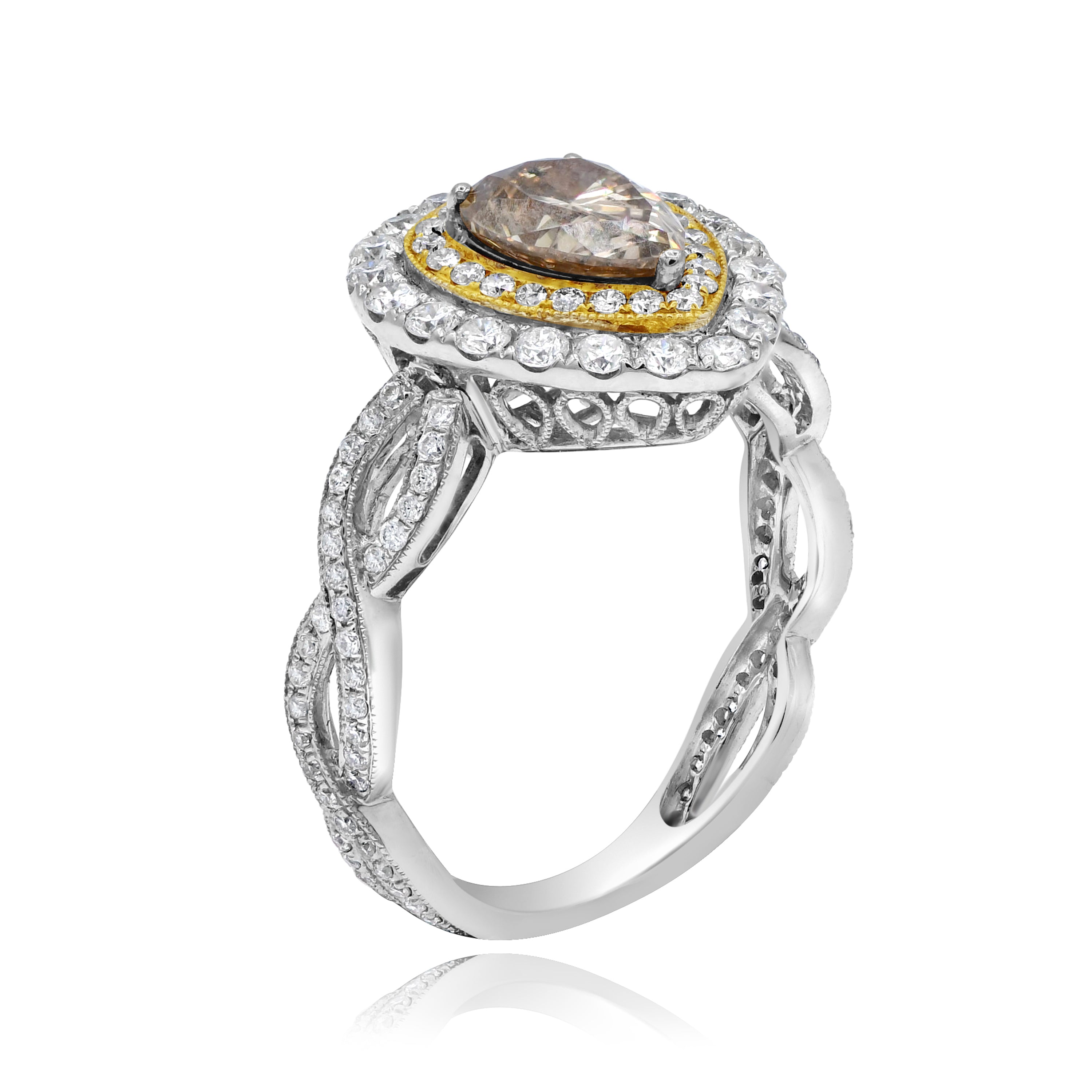 1.32 ct. Brown Diamond & 0.98 ct. Diamond 18K Two Tone Gold Pear Ring