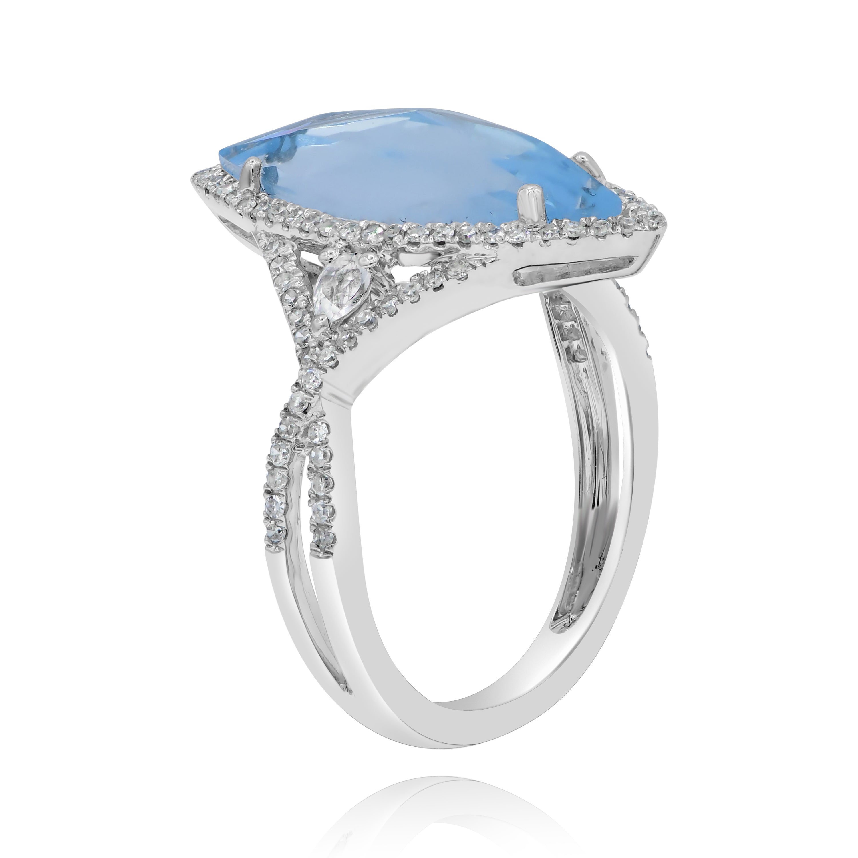 3.15 ct. Blue Topaz, 0.11 ct. White Topaz & 0.3 ct. Diamond 14K White Gold Twisted Split Shank Ring