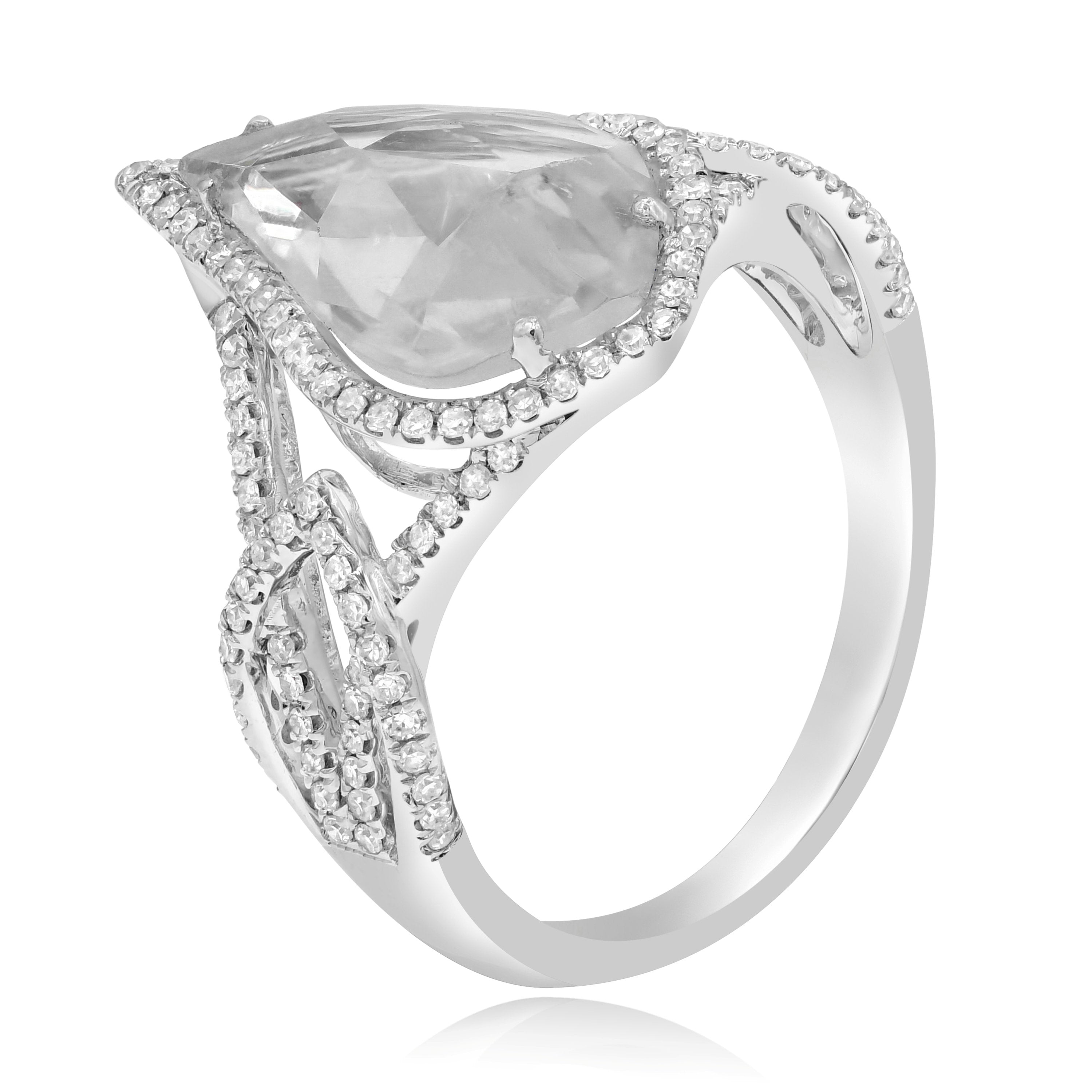 3 ct. Topaz & 0.4 ct. Diamond 14K White Gold Teardrop Twisted Split Shank Ring