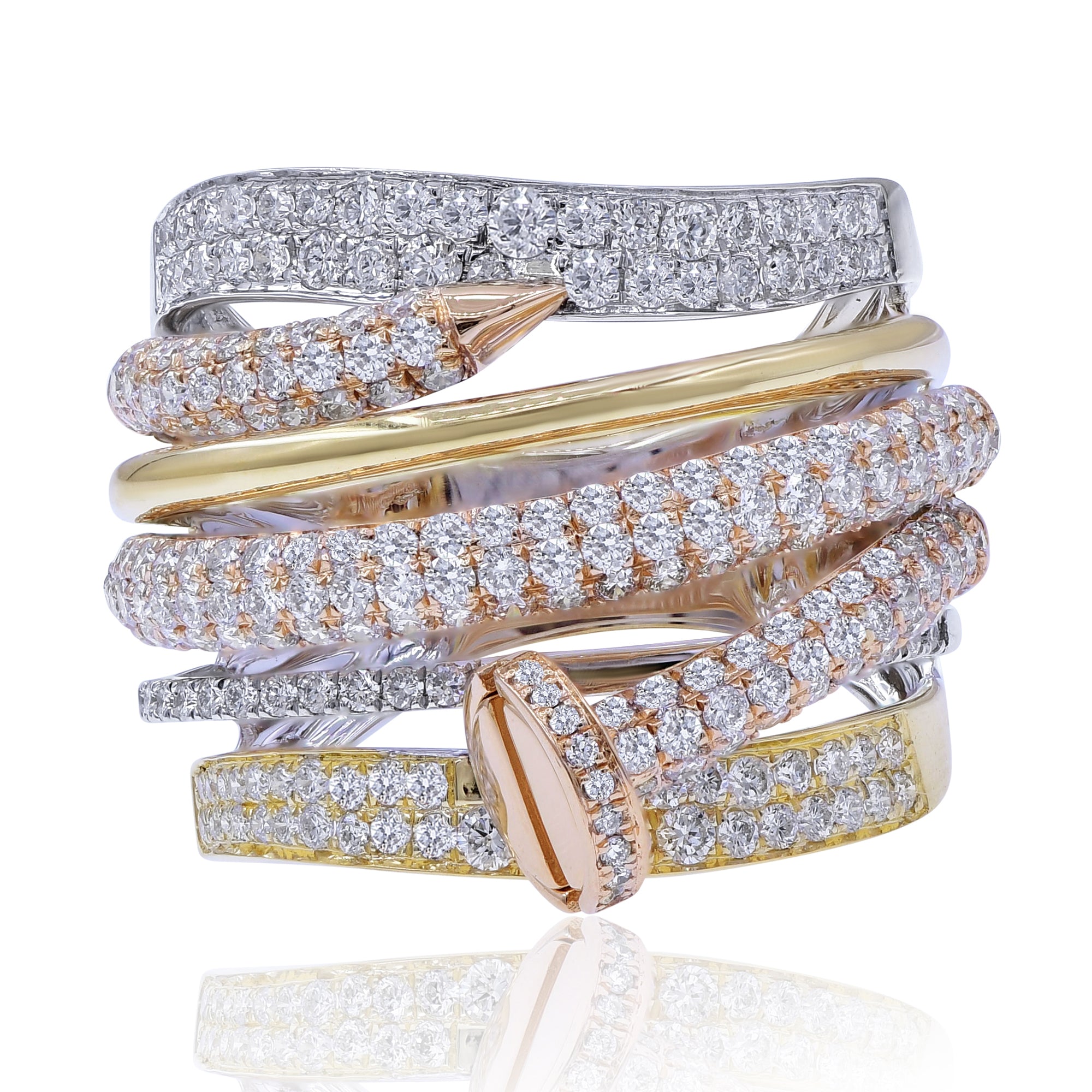 1.97 ct. Diamon 14K Three Tone Gold Pavé Multi-Row Ring
