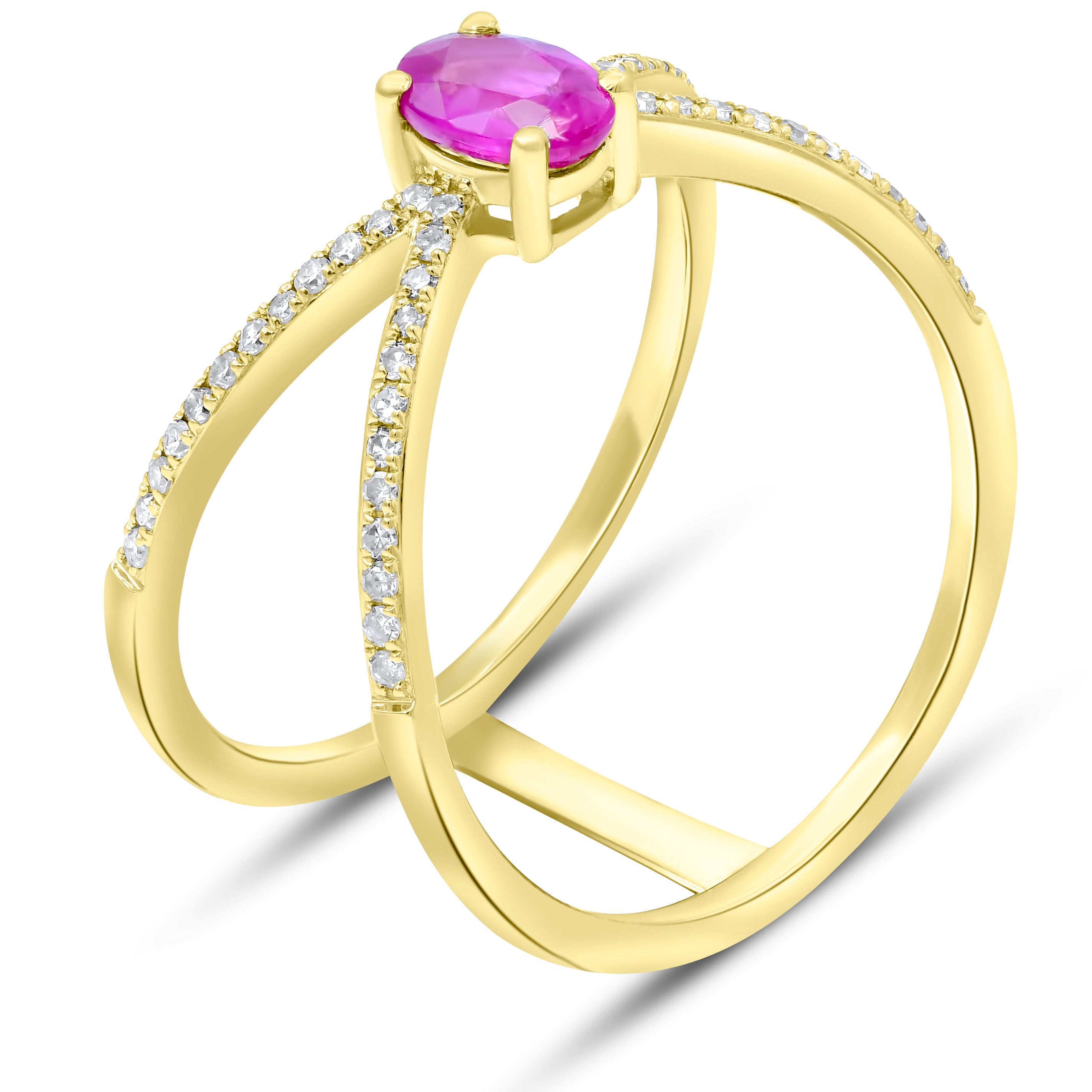 0.64 ct. Ruby & 0.22 ct. Diamond 14K Yellow Gold Crisscross Pave Double Band