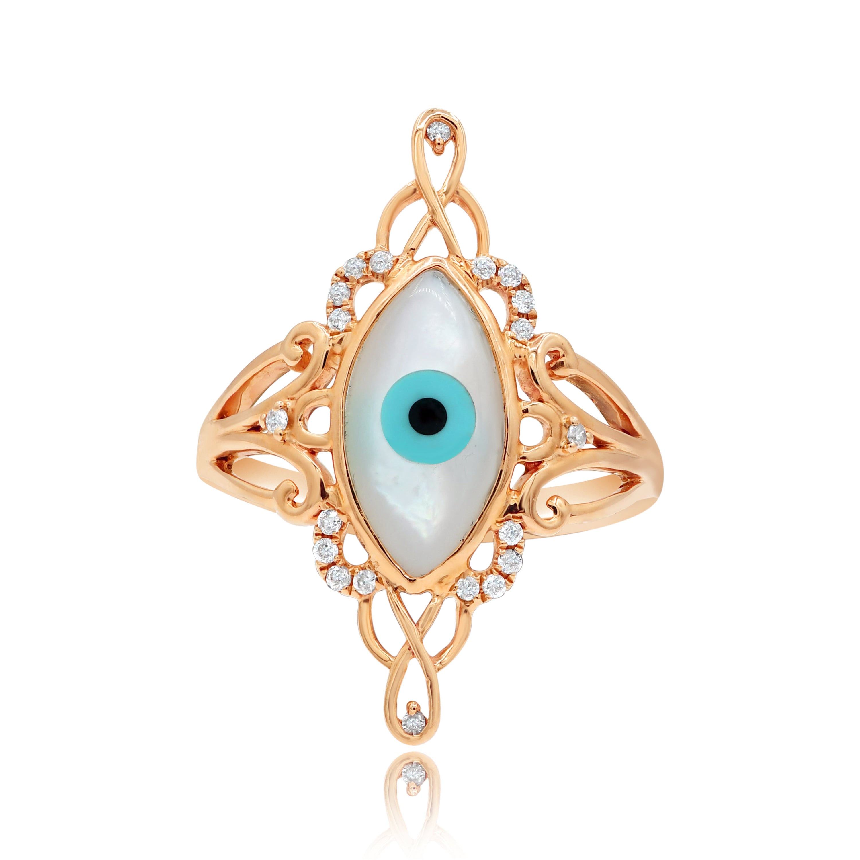 1.88 ct. Mother of Pearl & 0.13 ct. Diamond 14K Rose Gold Hamsa Evil Eye Ring