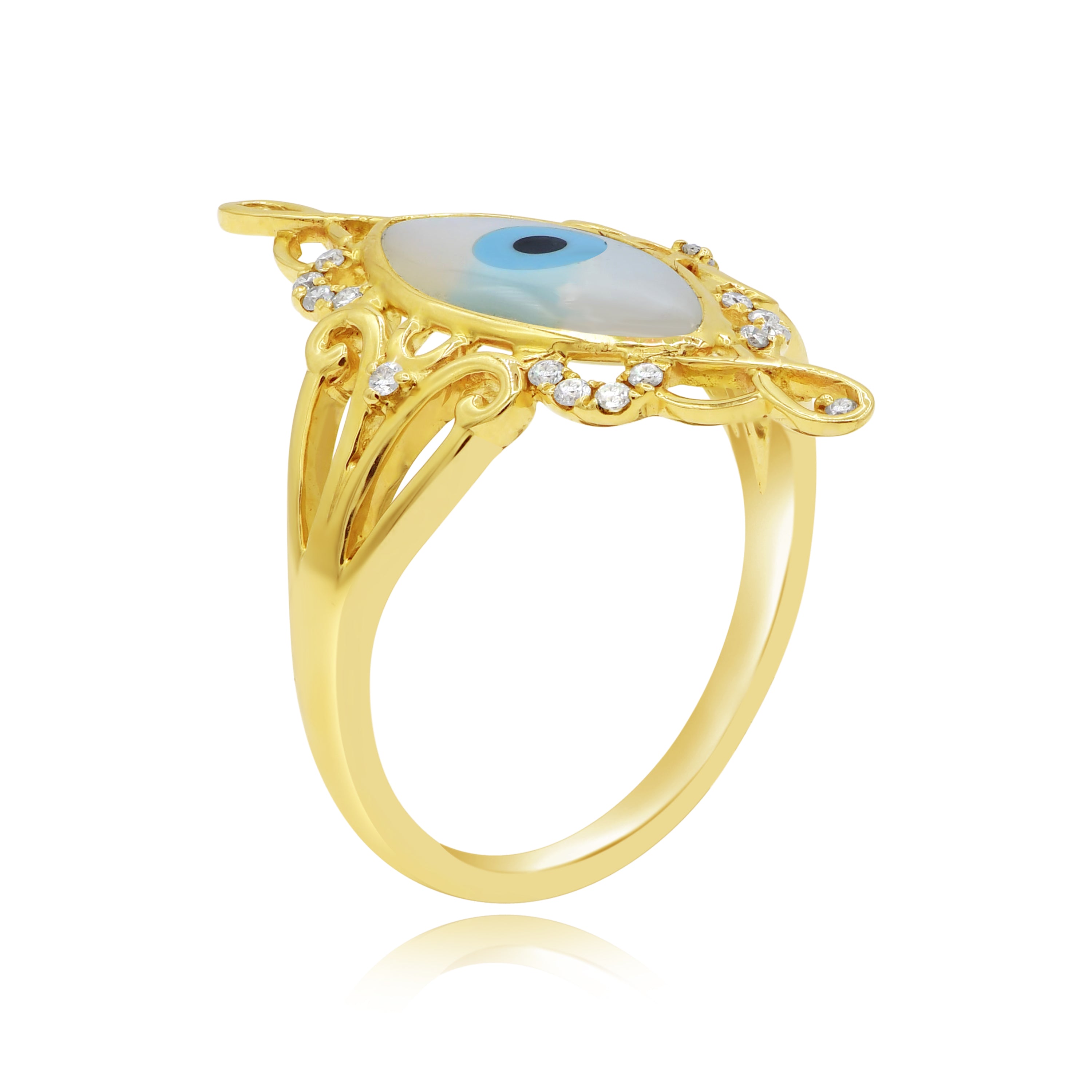 1.81 ct. Mother of Pearl & 0.13 ct. Diamond 14K Yellow Gold Hamsa Evil Eye Ring