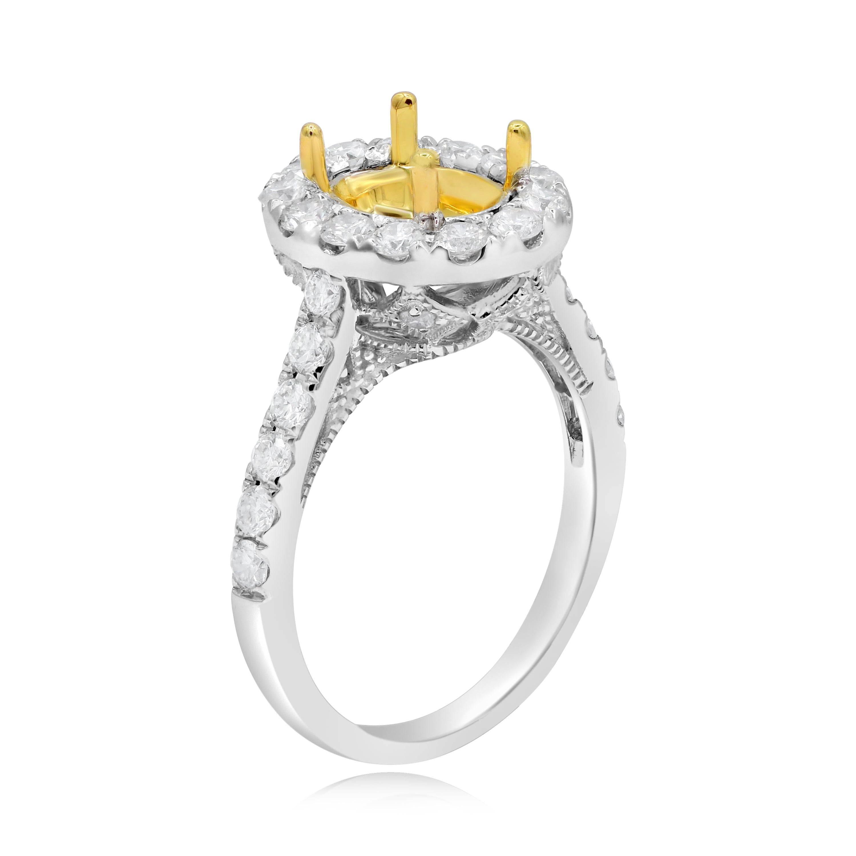 1.15 ct. Diamond 18K Two Tone Gold Oval Halo Pave Shank Ring Mounting