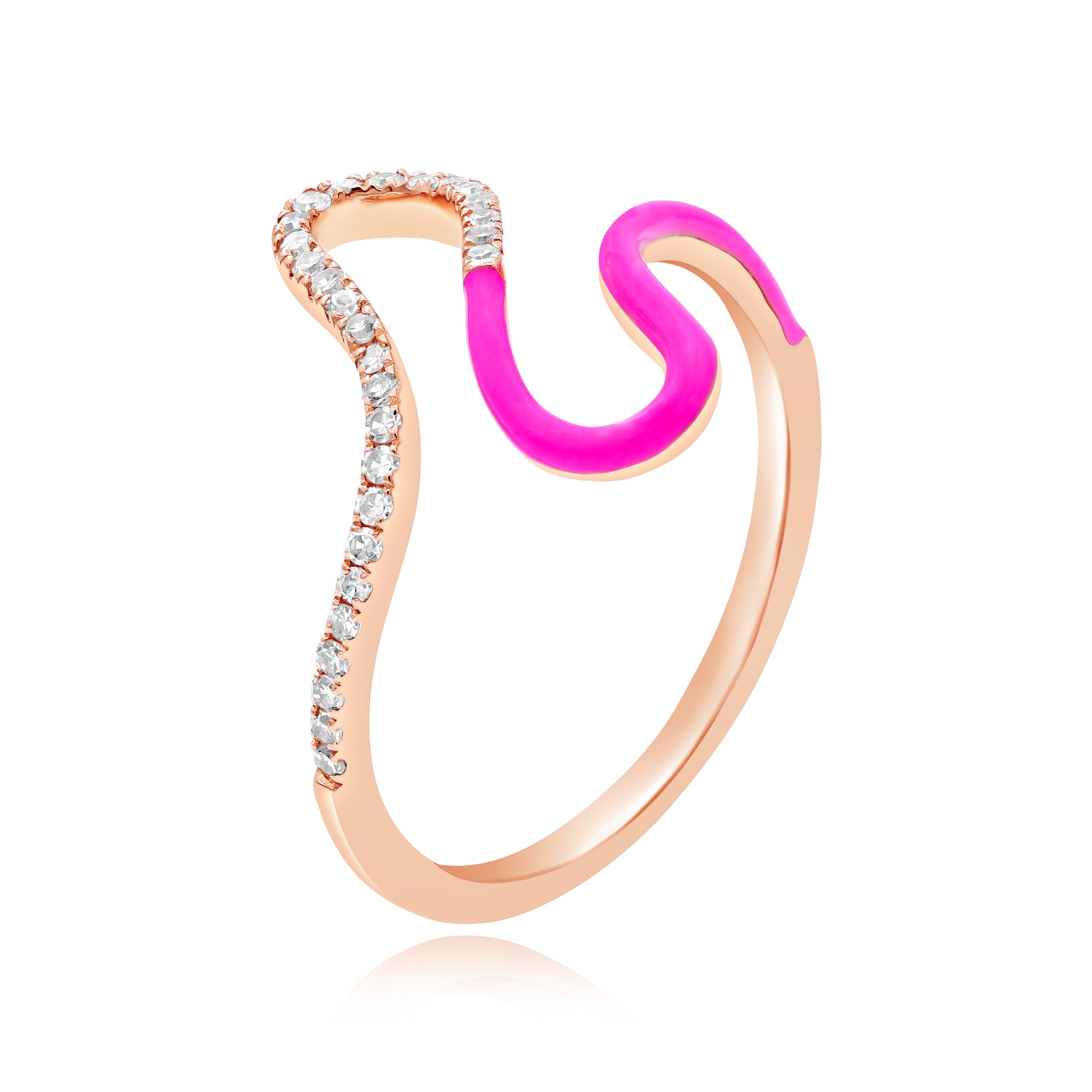0.15 ct. Diamond 14K Rose Gold Pink Enamel Wave Ring