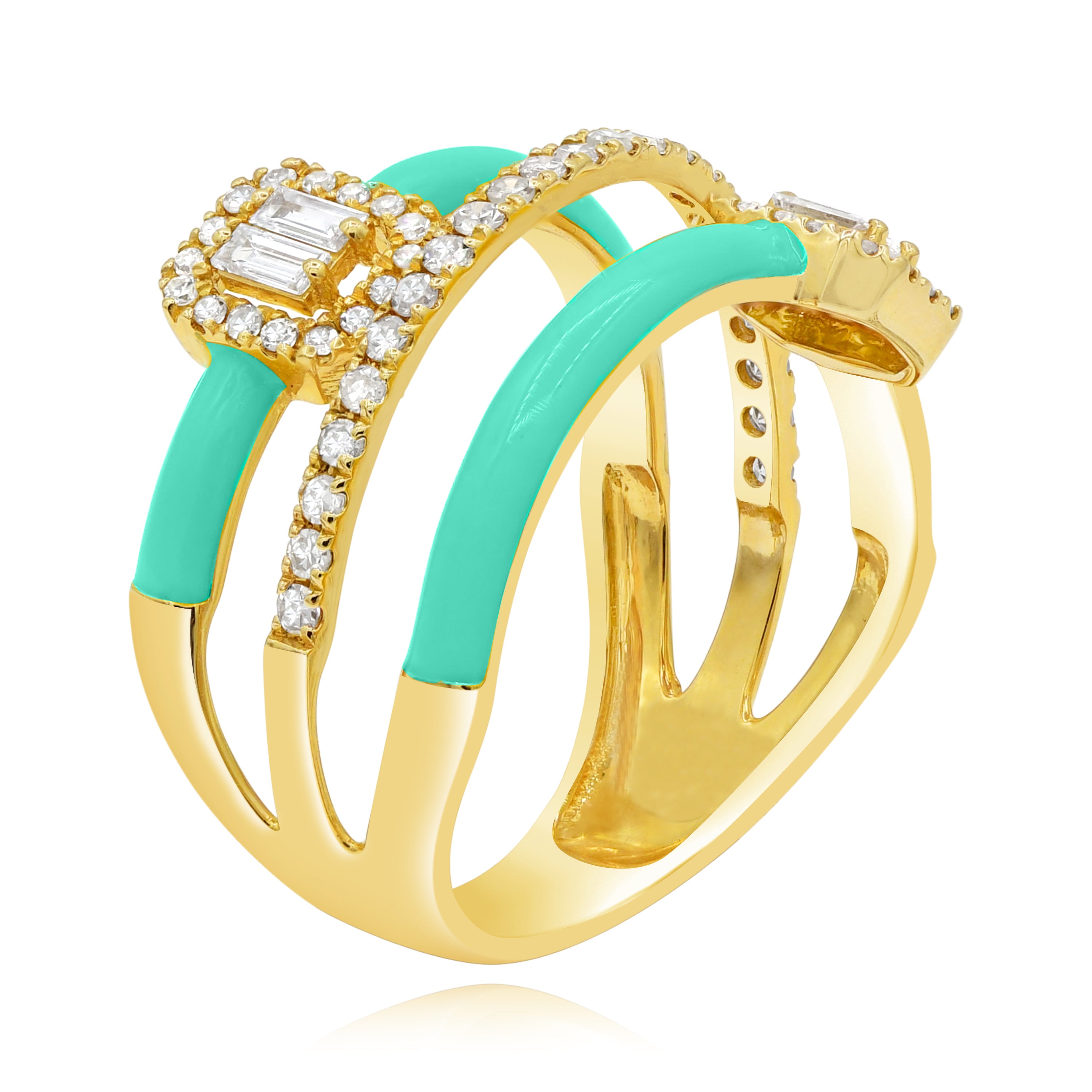 0.52 ct. Diamond 14K Yellow Gold Turquoise Enamel Open Shank Ring