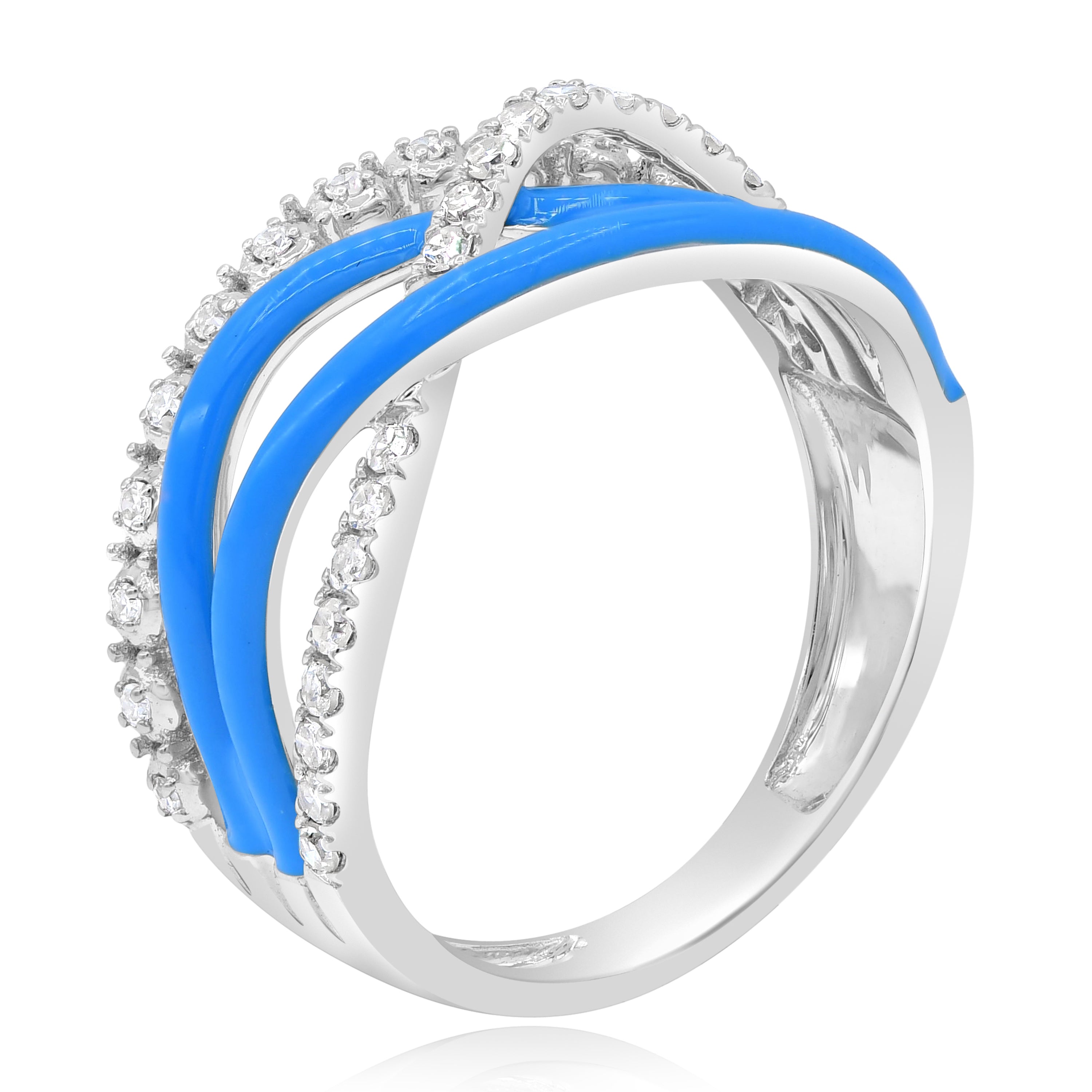 0.31 ct. Diamond 14K White Gold Blue Enamel Crisscross Wave Ring