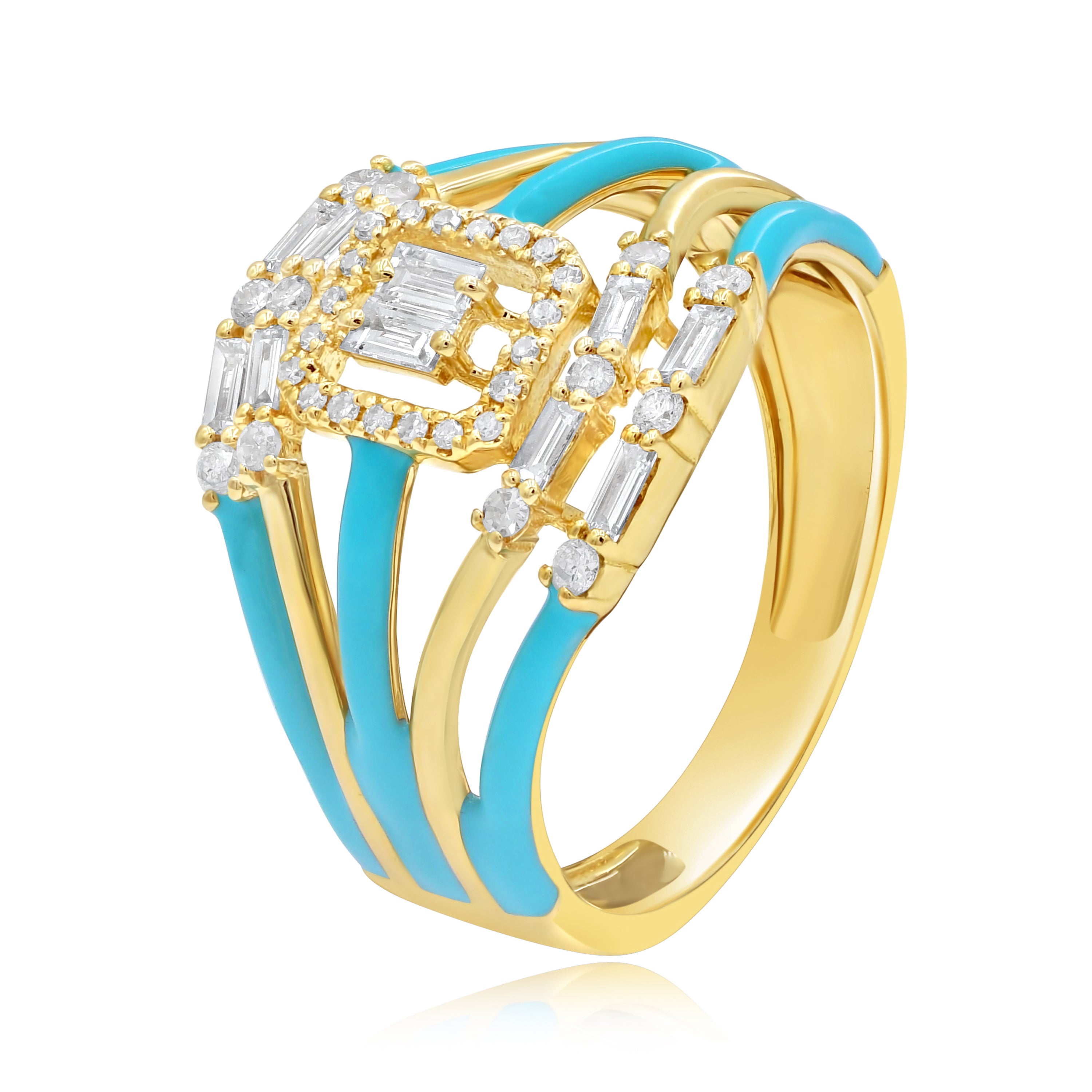 0.48 ct. Diamond 14K Yellow Gold Turquoise Enamel Multi-Row Open Shank Ring