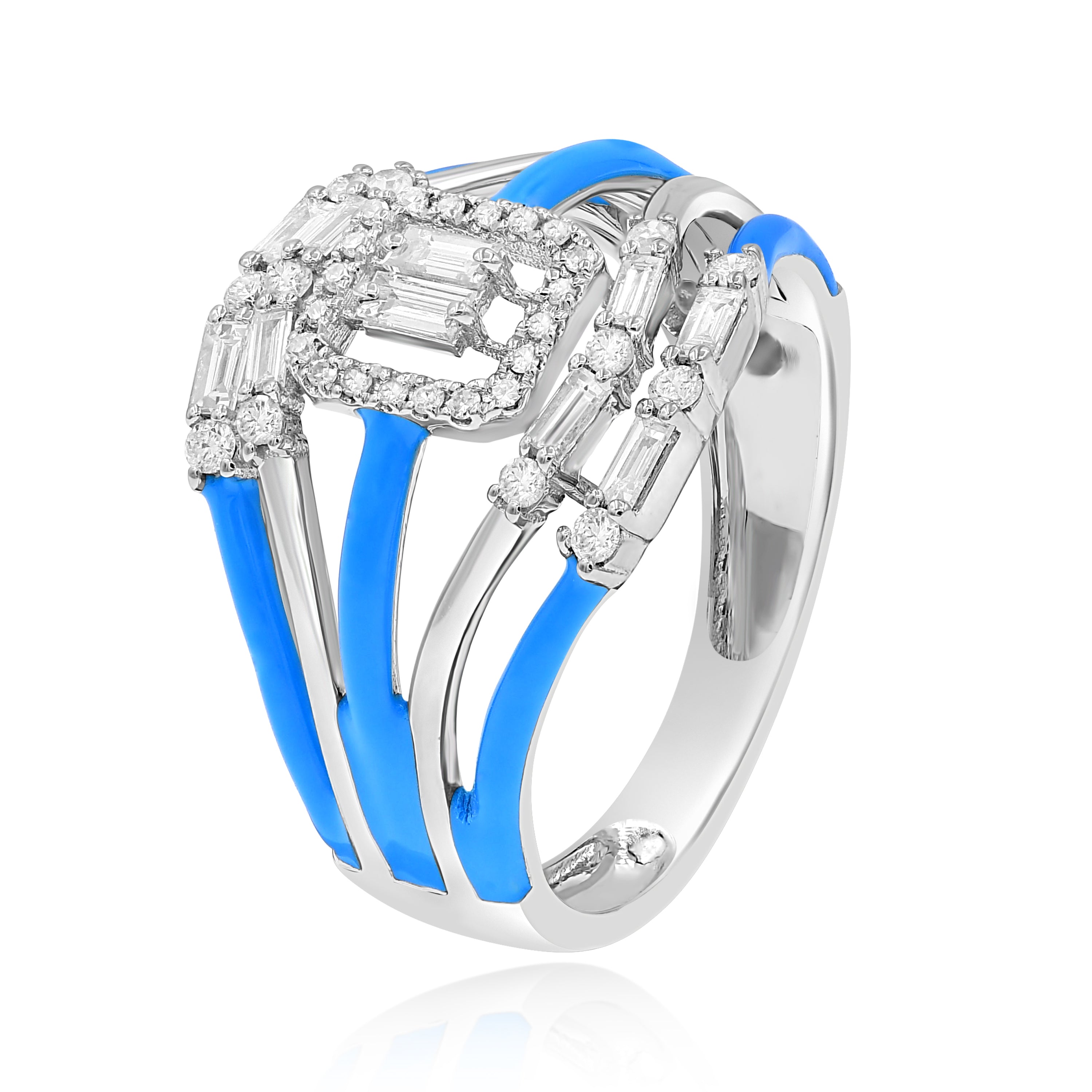 0.49 ct. Diamond 14K White Gold Blue Enamel Multi-Row Open Shank Ring