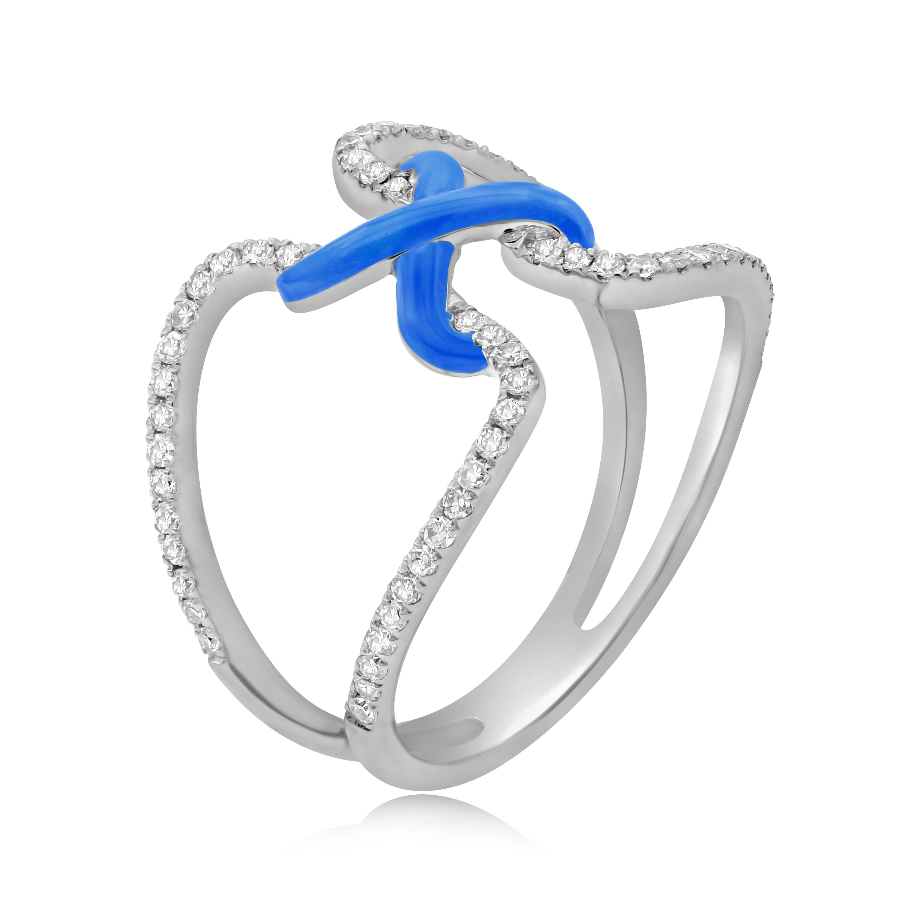 0.34 ct. Diamond 14K White Gold Blue Enamel Wide Open Statement Ring