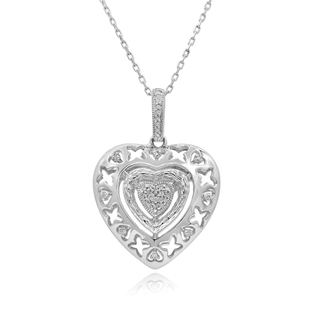 0.1 ct. Diamond 14K White Gold Filigree Heart Butterfly Pendant With 18" Chain