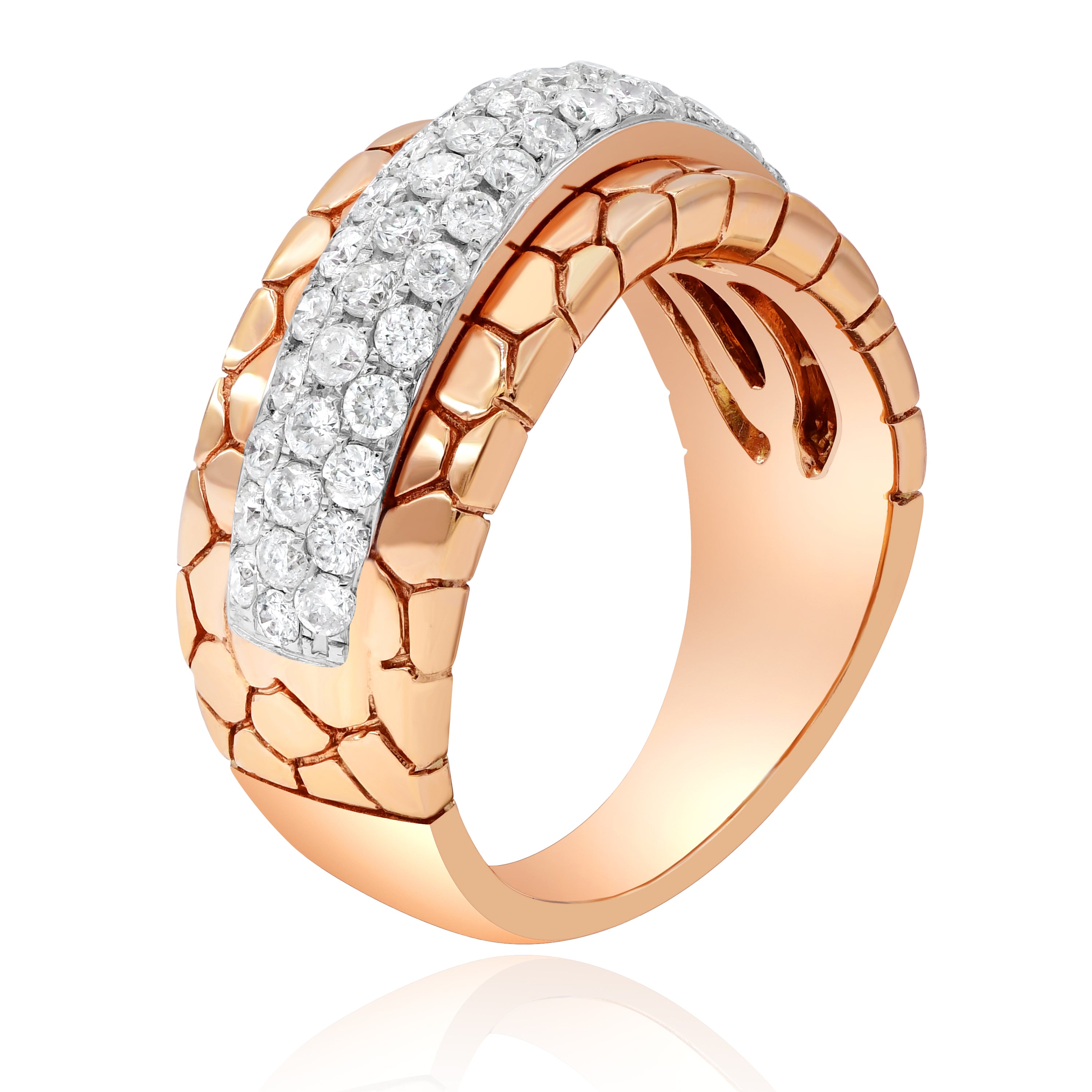 1.06 ct. Diamond 14K Two Tone Gold Cracked Textured 3 Row Band