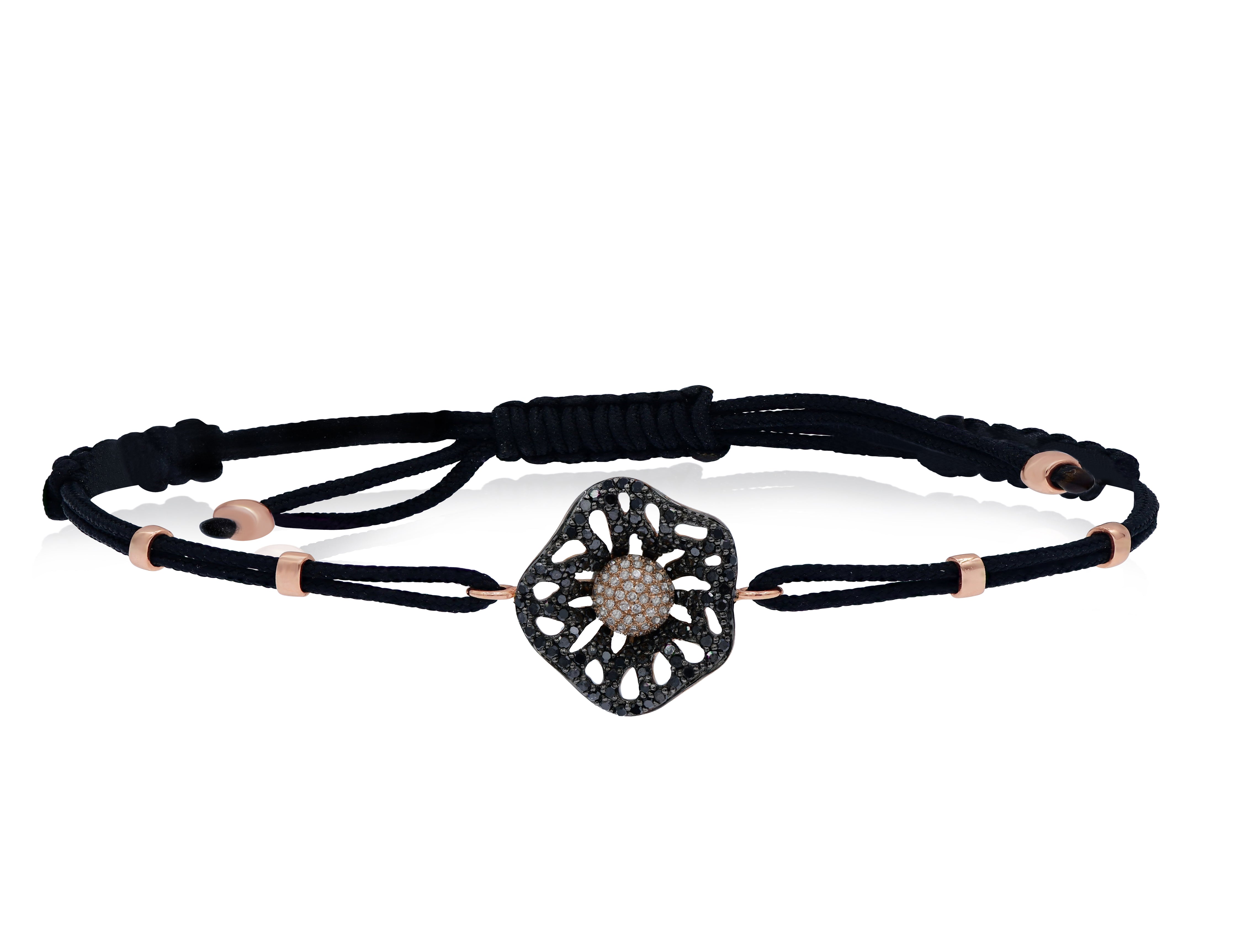 1.05 ct. Black & White Diamond 14K Rose Gold Floret Pull-Cord Bracelet