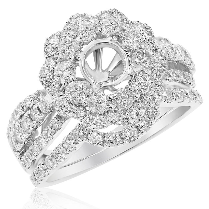 1.12 ct. Diamond 18K White Gold Cathedral Double Round Halo Ring Mounting With Matching Band