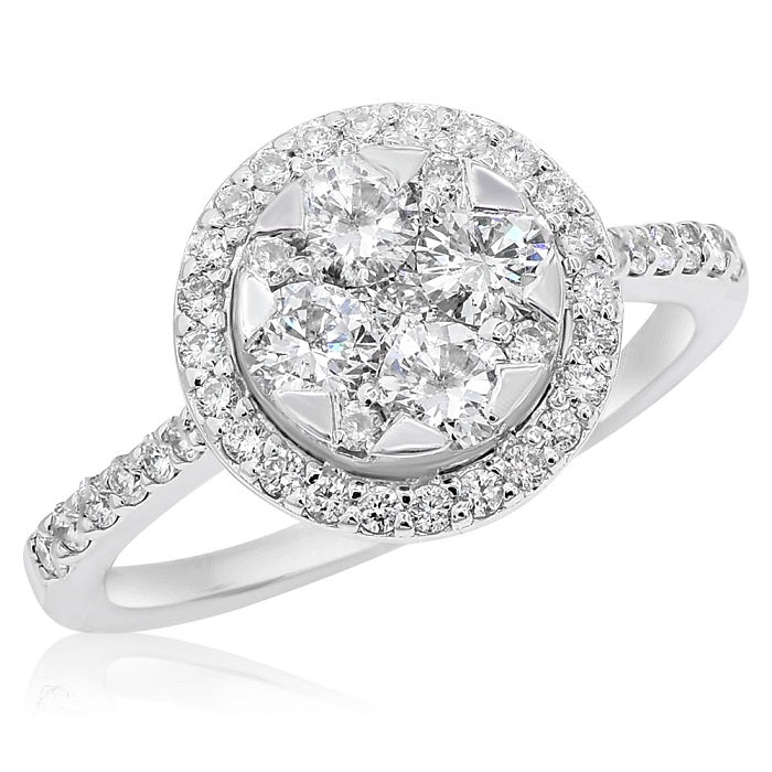1.06 ct. Diamond 18K White Gold Round Halo & Cluster Mirage Emgagement Ring