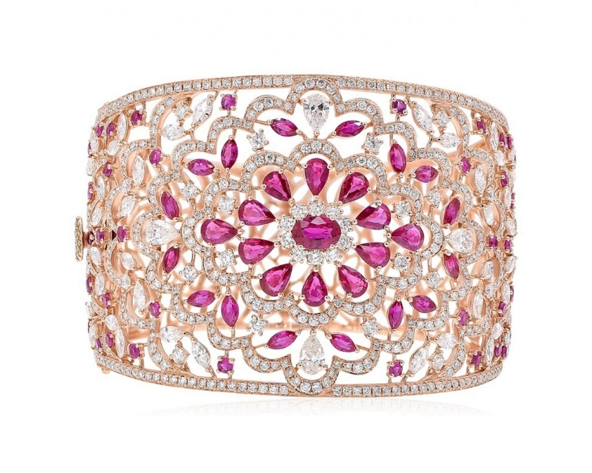 10.98 ct. Ruby & 12.53 ct. Diamond Flower Cuff Bangle Bracelet