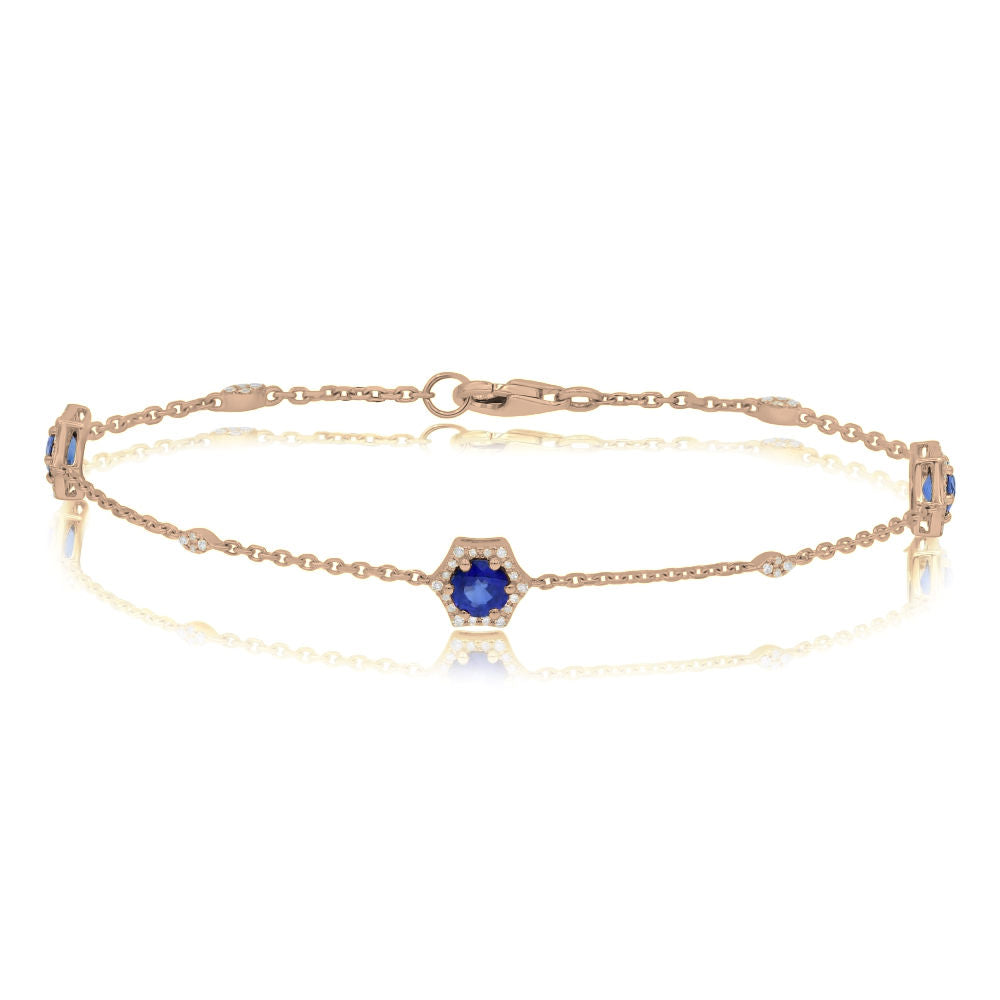 1.66 ct. Sapphire & 0.2 ct. Diamond 14K Rose Gold 3 Station Classic Bracelet