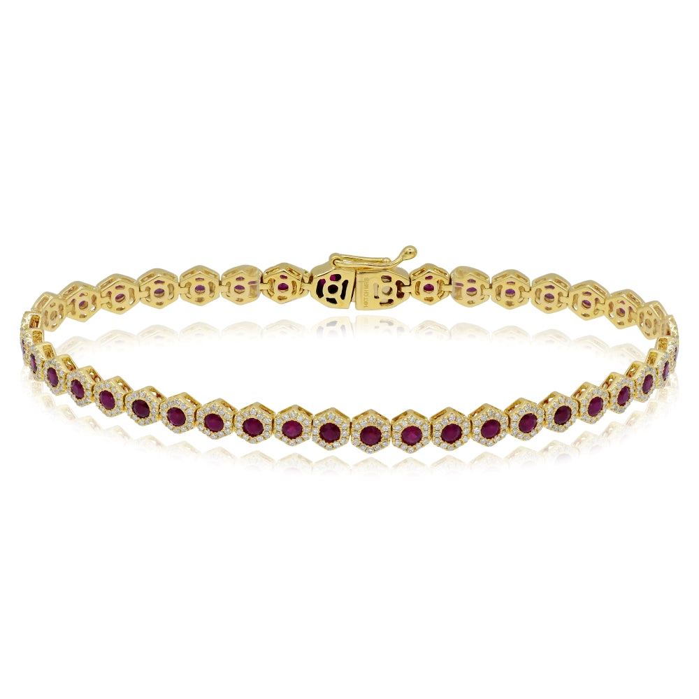 3.03 ct. Ruby & 1.02 ct. Diamond 14K Yellow Gold Hexagon Tennis Bracelet