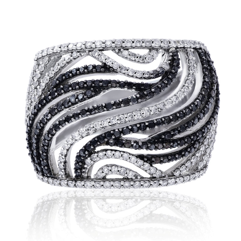 1.09 ct. Black & White Diamond 14K White Gold Crisscross Wave Ring