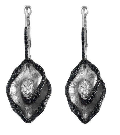 1.18 ct. Black & White Diamond 14K White Gold Flower Leverback Drop Earrings
