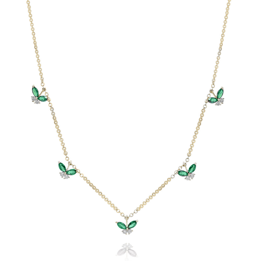 0.74 ct. Emerald & 0.27 ct. Diamond 14K Yellow Gold Butterfly Station Necklace 18"