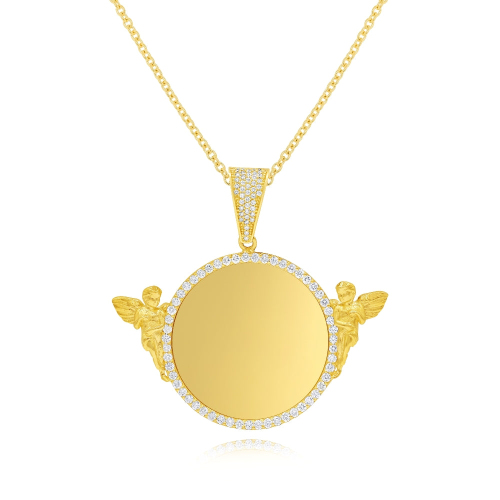 1.75 ct. Diamond 14K Yellow Gold Stone-Set Angels Round Medallion Memorial Picture Pendant