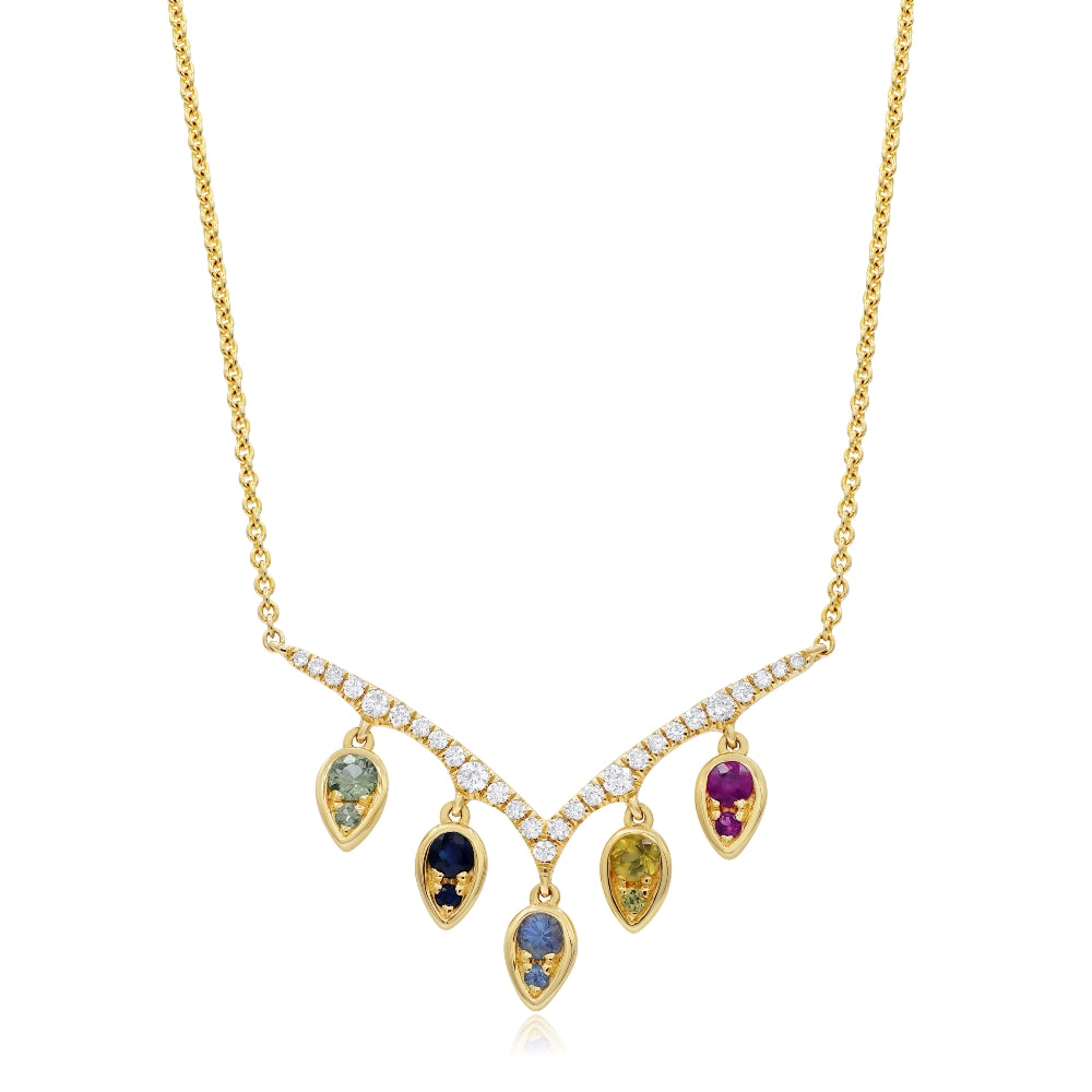 0.48 ct. Mutli-Color Sapphire & 0.19 ct. Diamond 14K Yellow Gold Chevron Drop Pendant Necklace