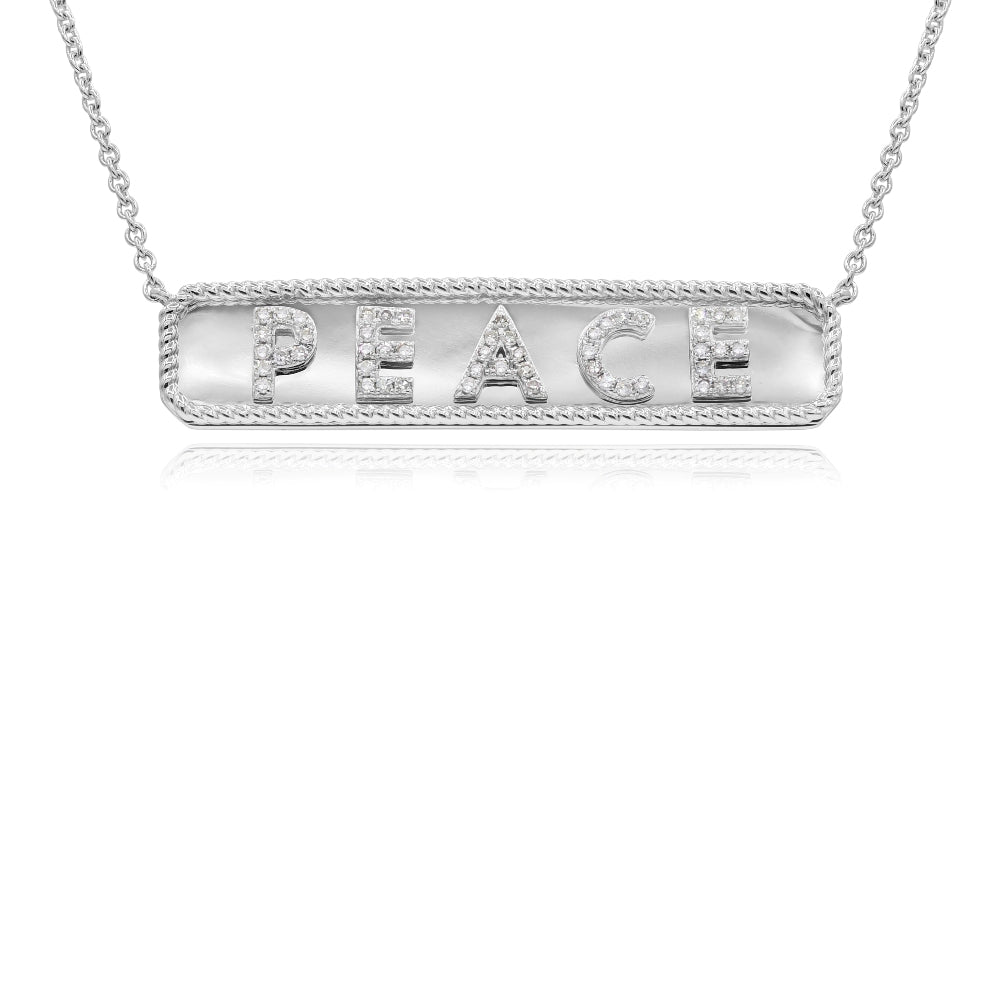 0.16 ct. Diamond 14K White Gold 'PEACE' Horizontal Bar Necklace