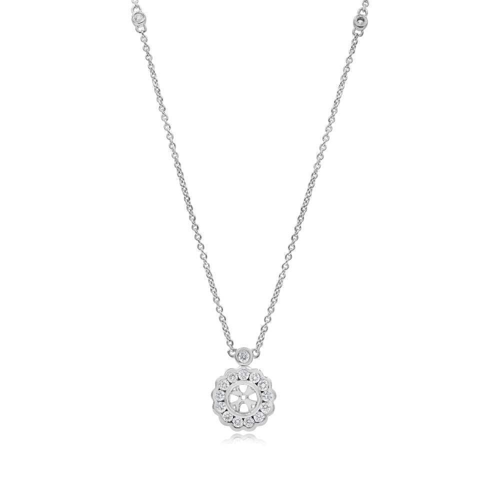0.3 ct. Diamond 14K White Gold Halo Stone Station Necklace Mounting 18"
