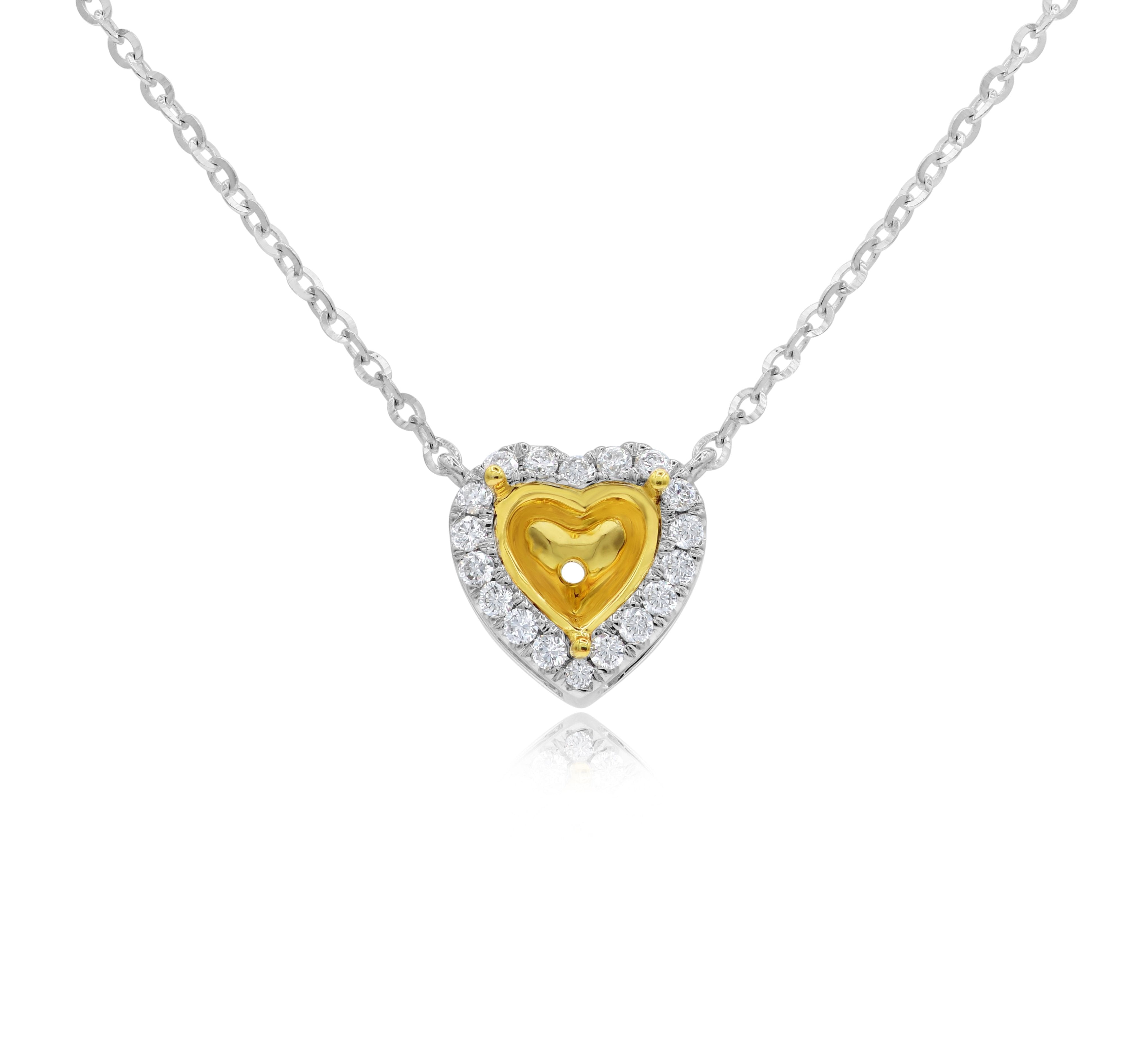 0.16 ct. Diamond 14K Two Tone Gold Heart Pendant Mounting Necklace 18"