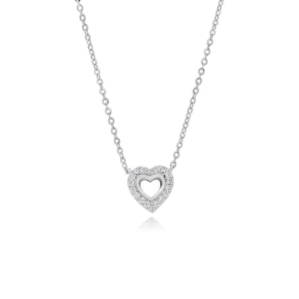0.16 ct. Diamond 14K White Gold Heart Pendant Mounting Necklace 18"